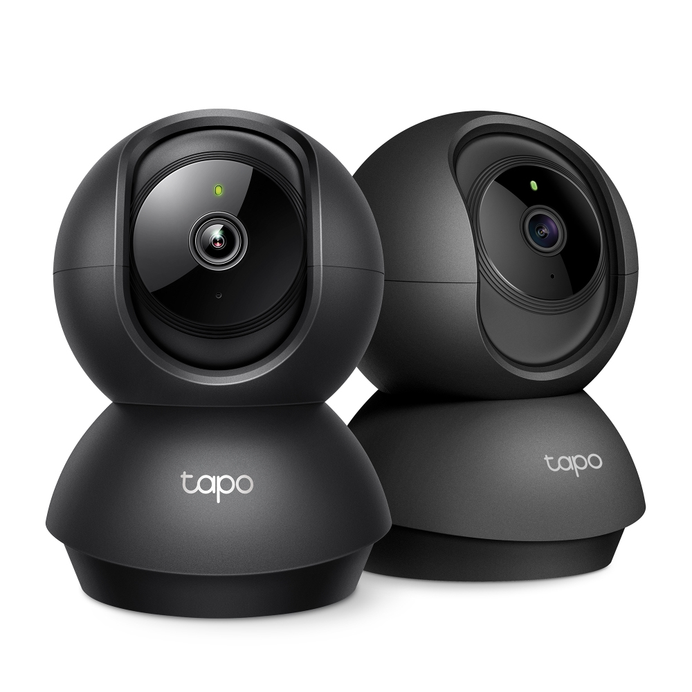 Two black security cameras. Each has a lens, on a white background.