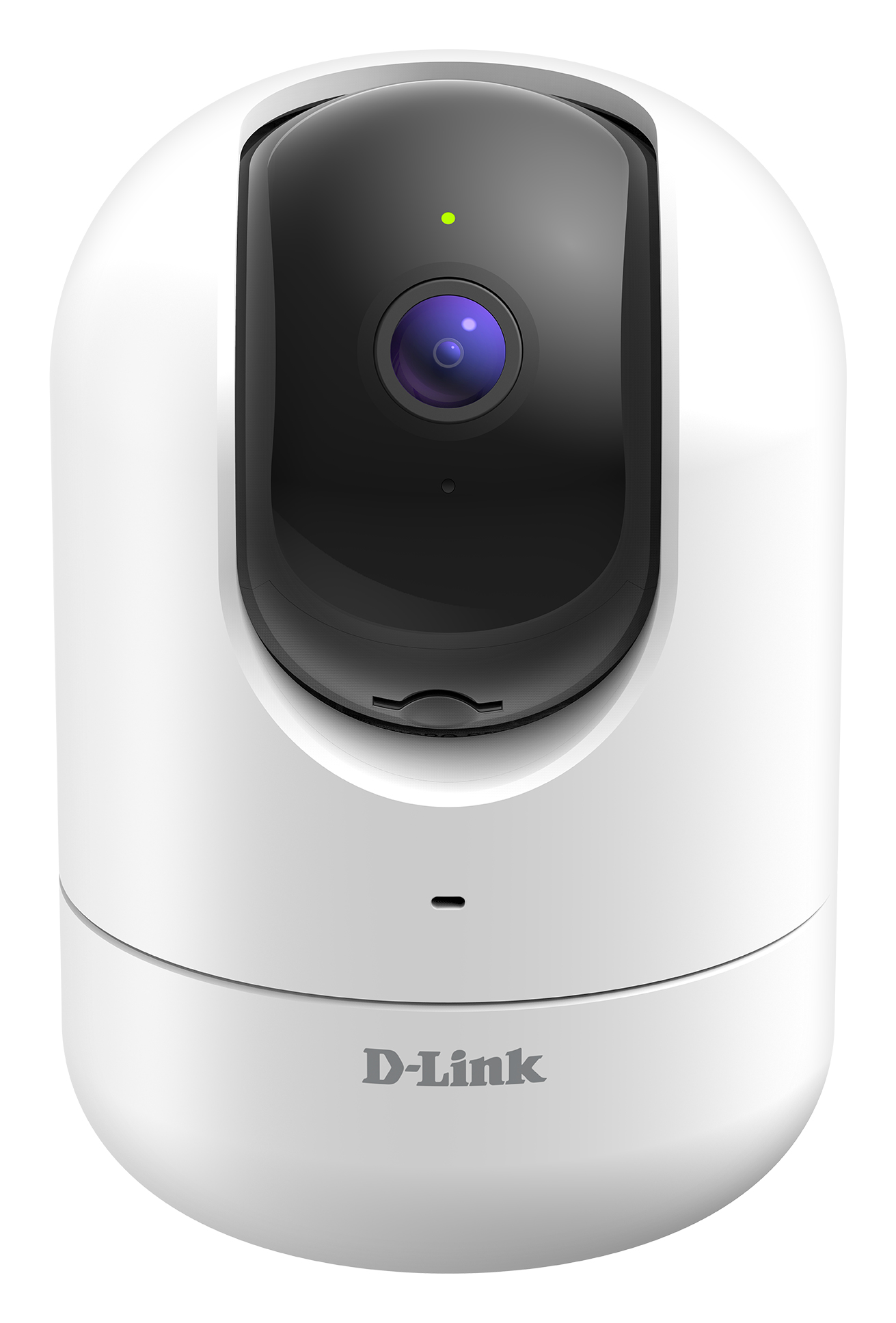 Telecamera di sicurezza D-Link bianca su sfondo bianco, con lente e luce verde. Design arrotondato, logo.