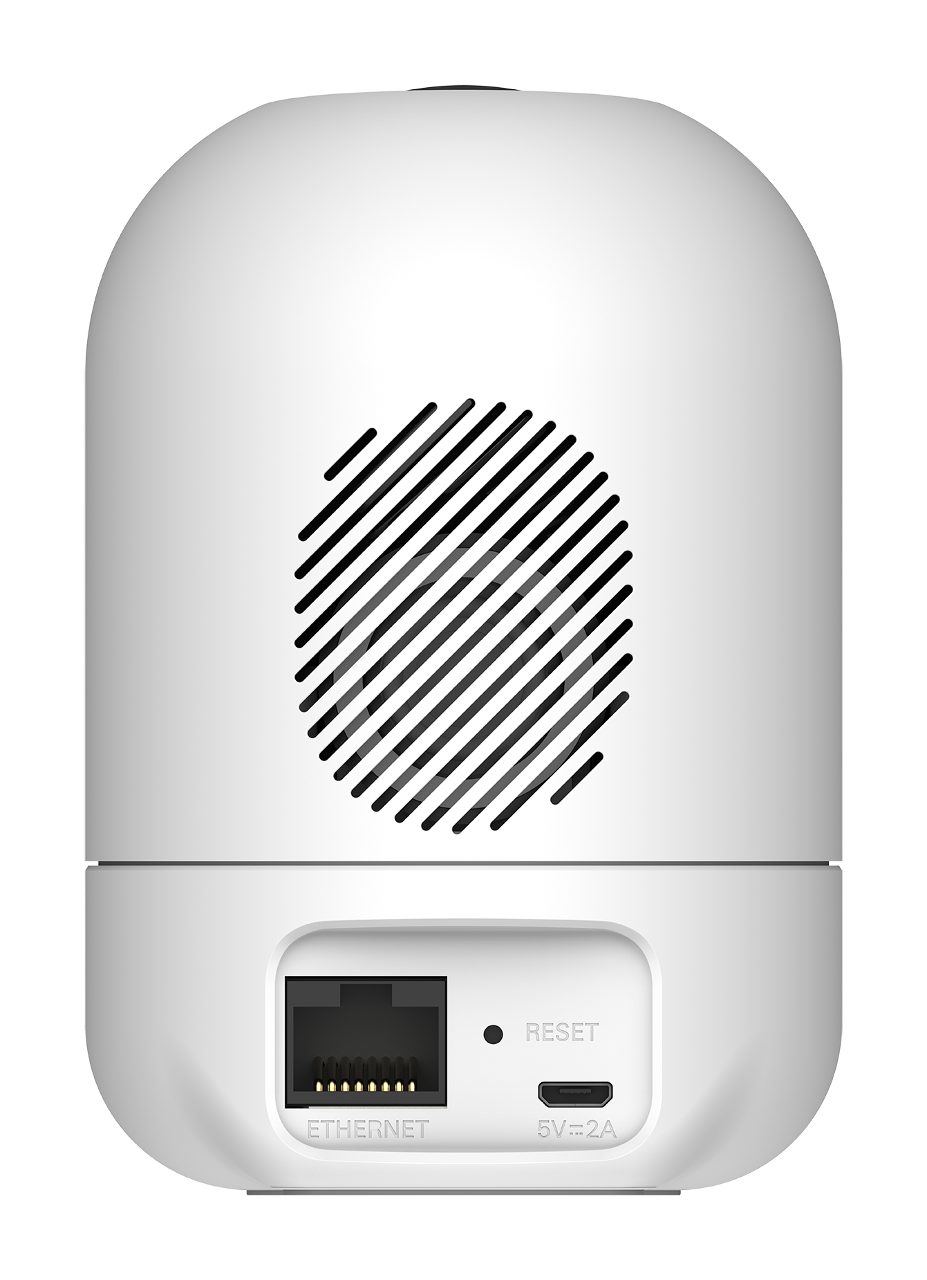 Telecamera di sicurezza bianca con porta Ethernet e pulsante di ripristino. Sfondo bianco.
