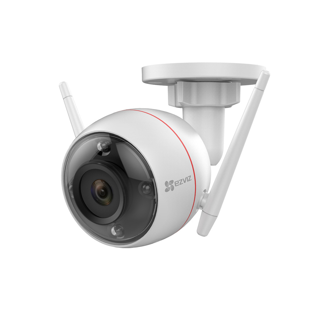 Cámara de seguridad EZVIZ blanca con acento rojo, dos antenas y una lente negra.