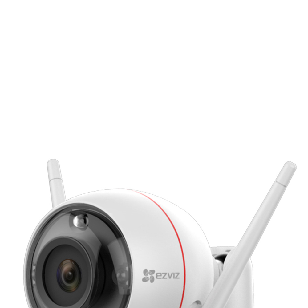 Una cámara de seguridad blanca con una franja roja y dos antenas. Es un modelo EZVIZ.