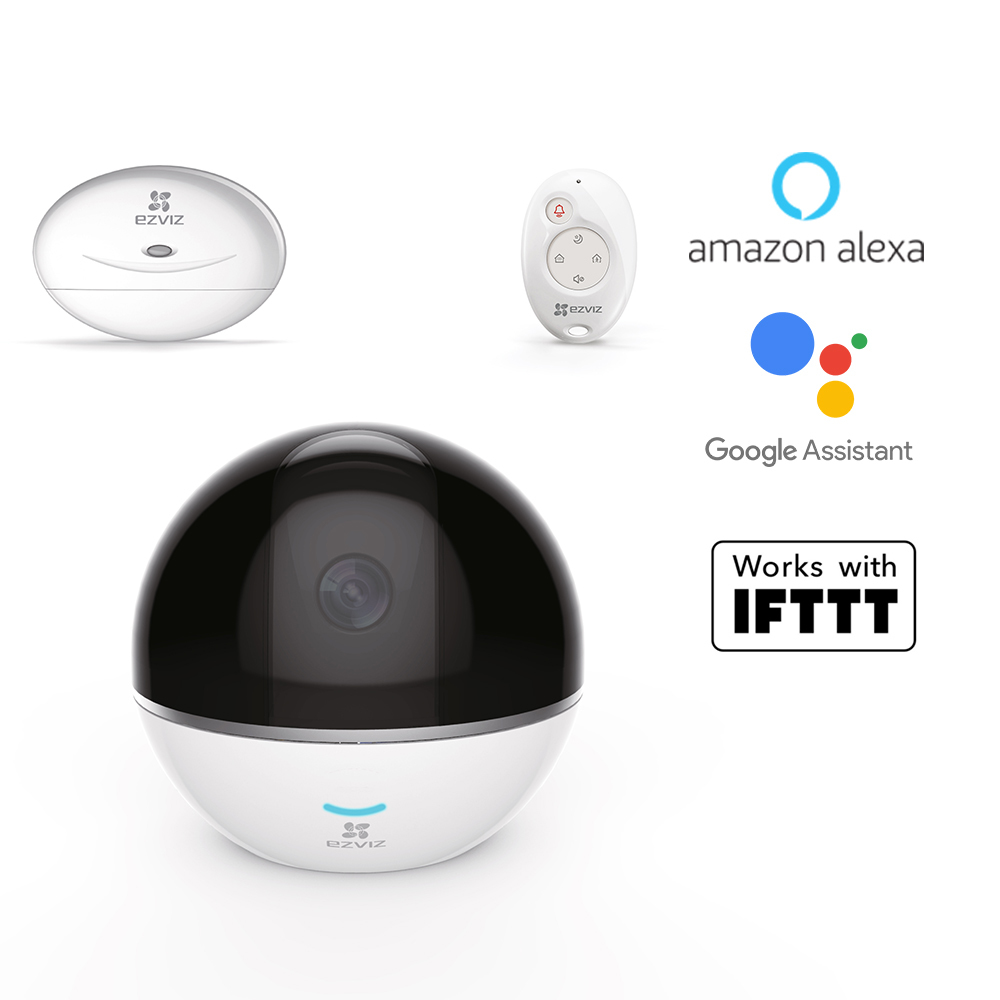 Telecamera in bianco e nero con telecomando e testo: Amazon Alexa, Google Assistant, funziona con IFTTT.