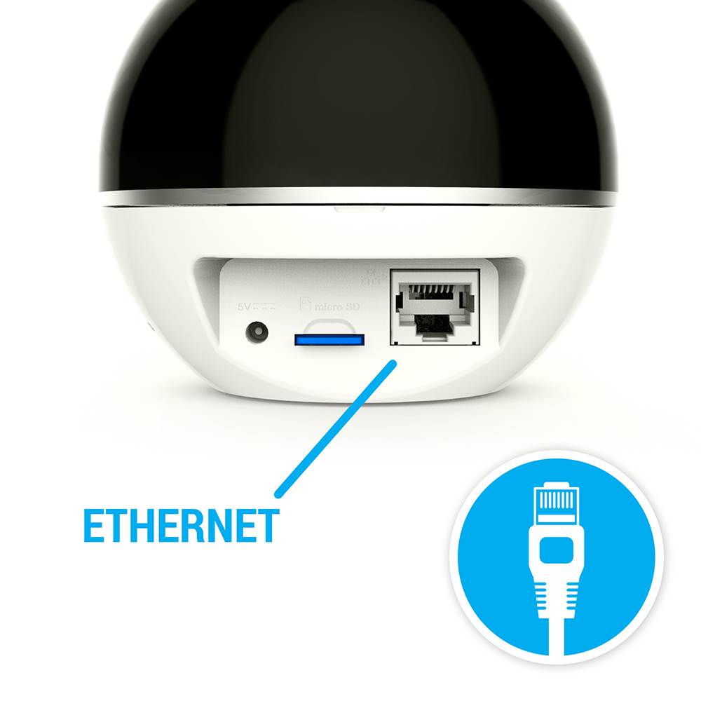 Telecamera bianca e nera con porta Ethernet e illustrazione.