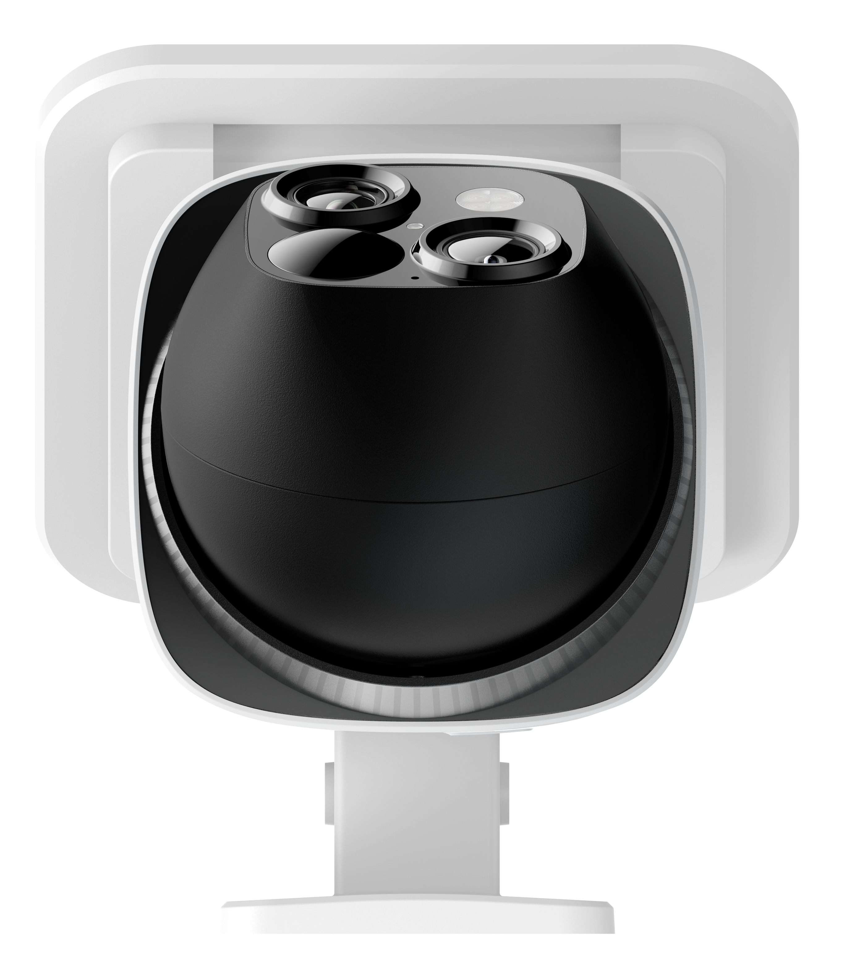 Czarna kamera bezpieczeństwa na białym wsporniku.