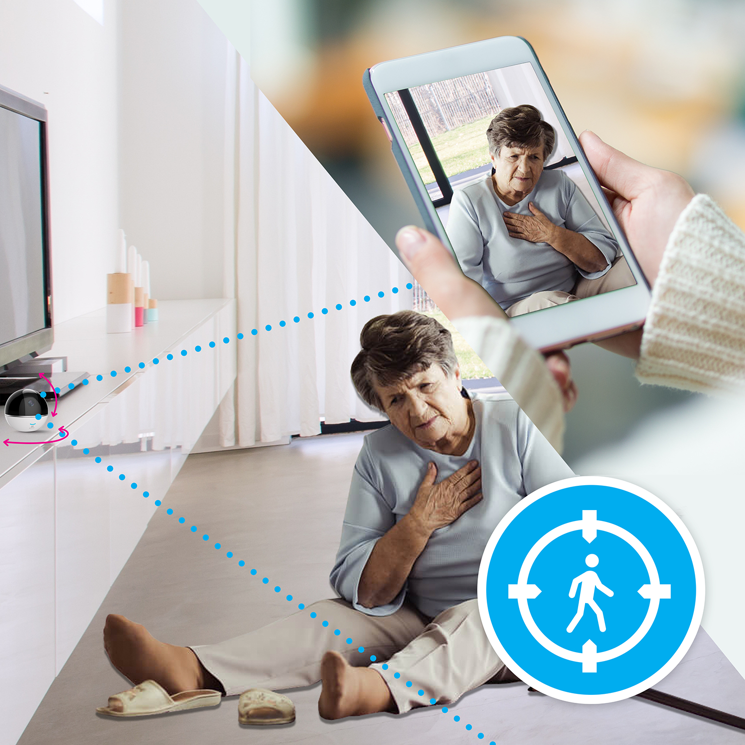 Donna a terra, con medico su smartphone e telecamera.