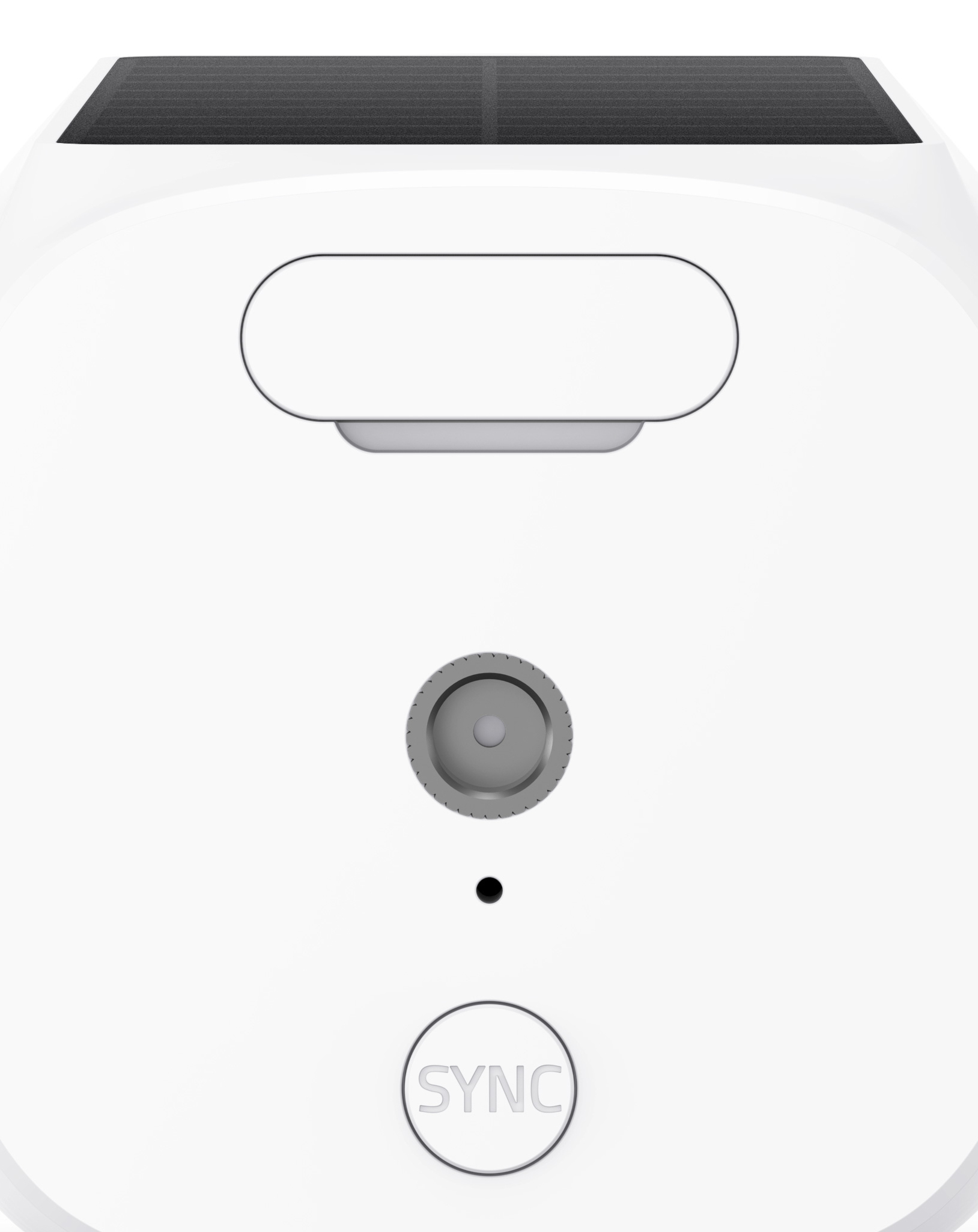 Zbliżenie białej kamery bezpieczeństwa z czarnym panelem słonecznym na górze i przyciskiem 'SYNC' na dole.