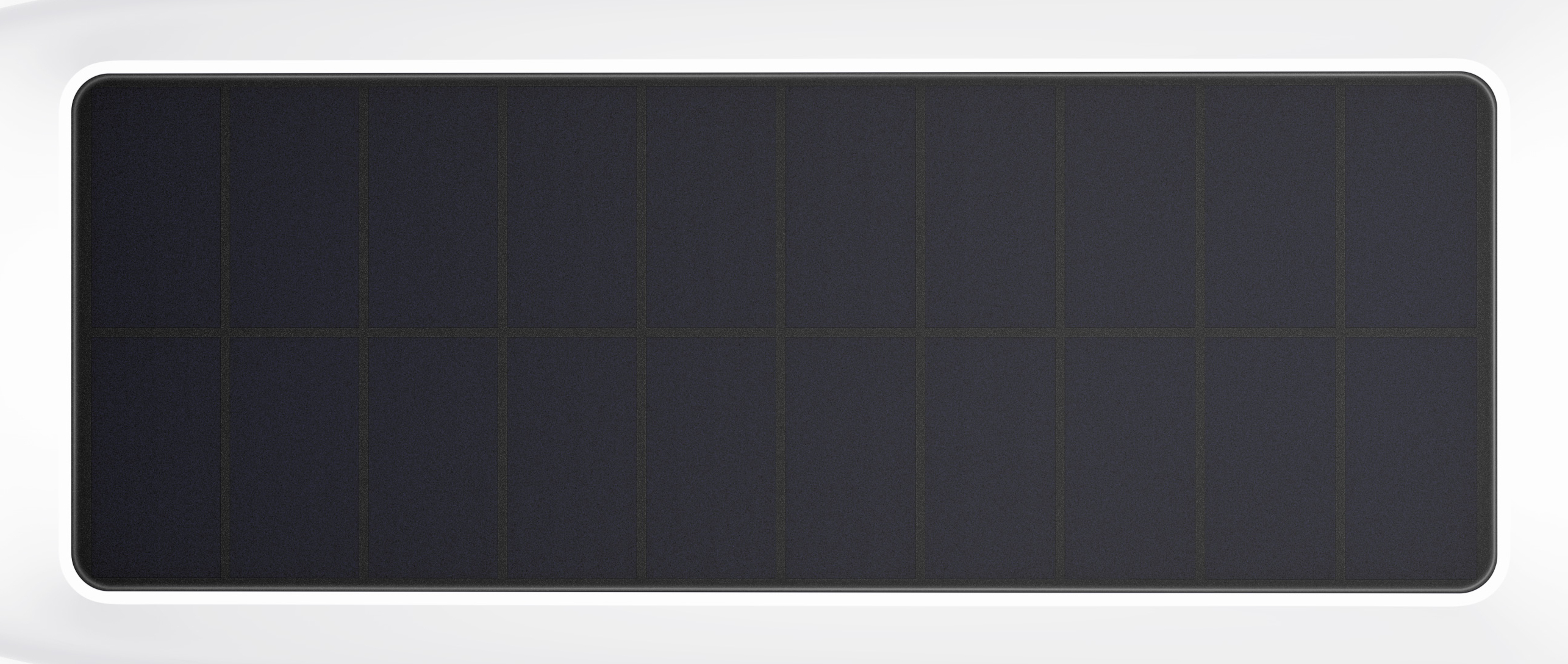 Prostokątny panel słoneczny z ciemnymi ogniwami. Panel ma zaokrąglone rogi i białą obwódkę.