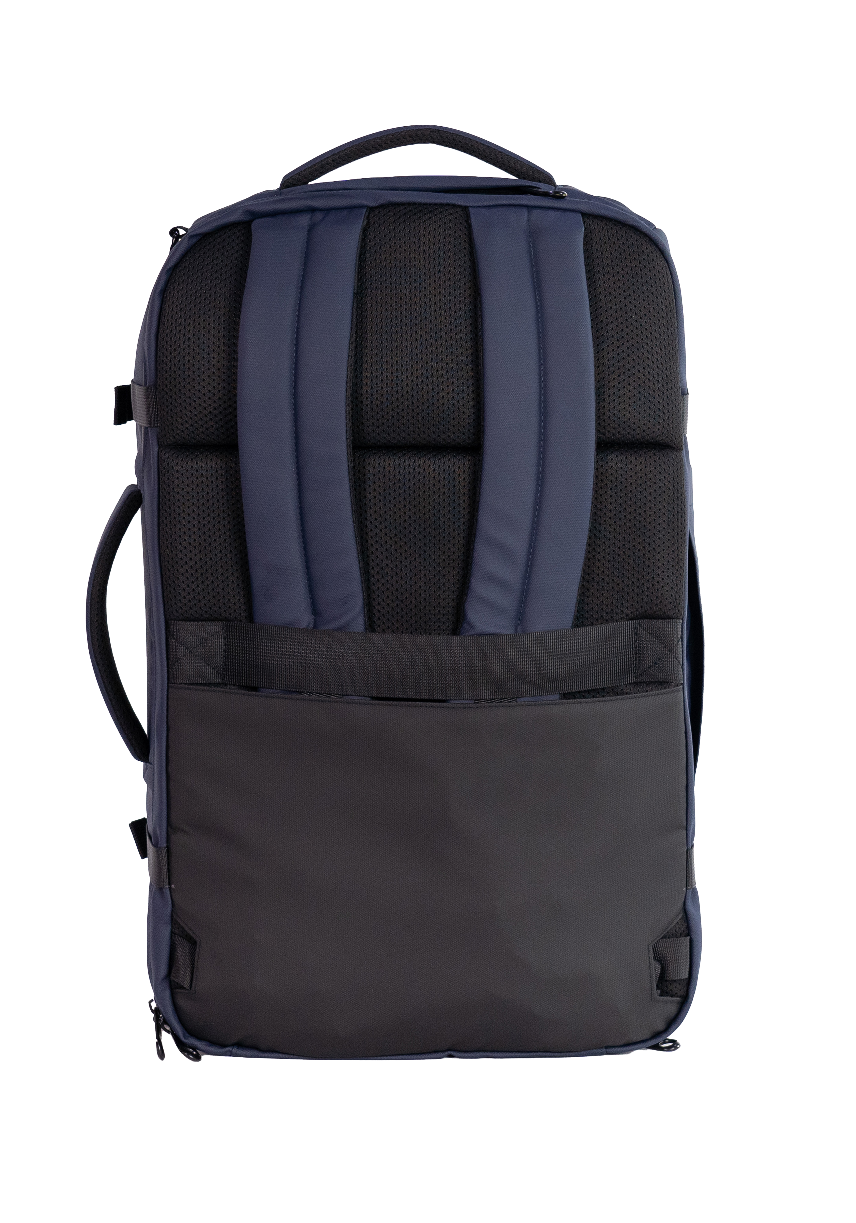 Vista trasera de una mochila azul marino con acolchado de malla negra y correas azules sobre un fondo negro.