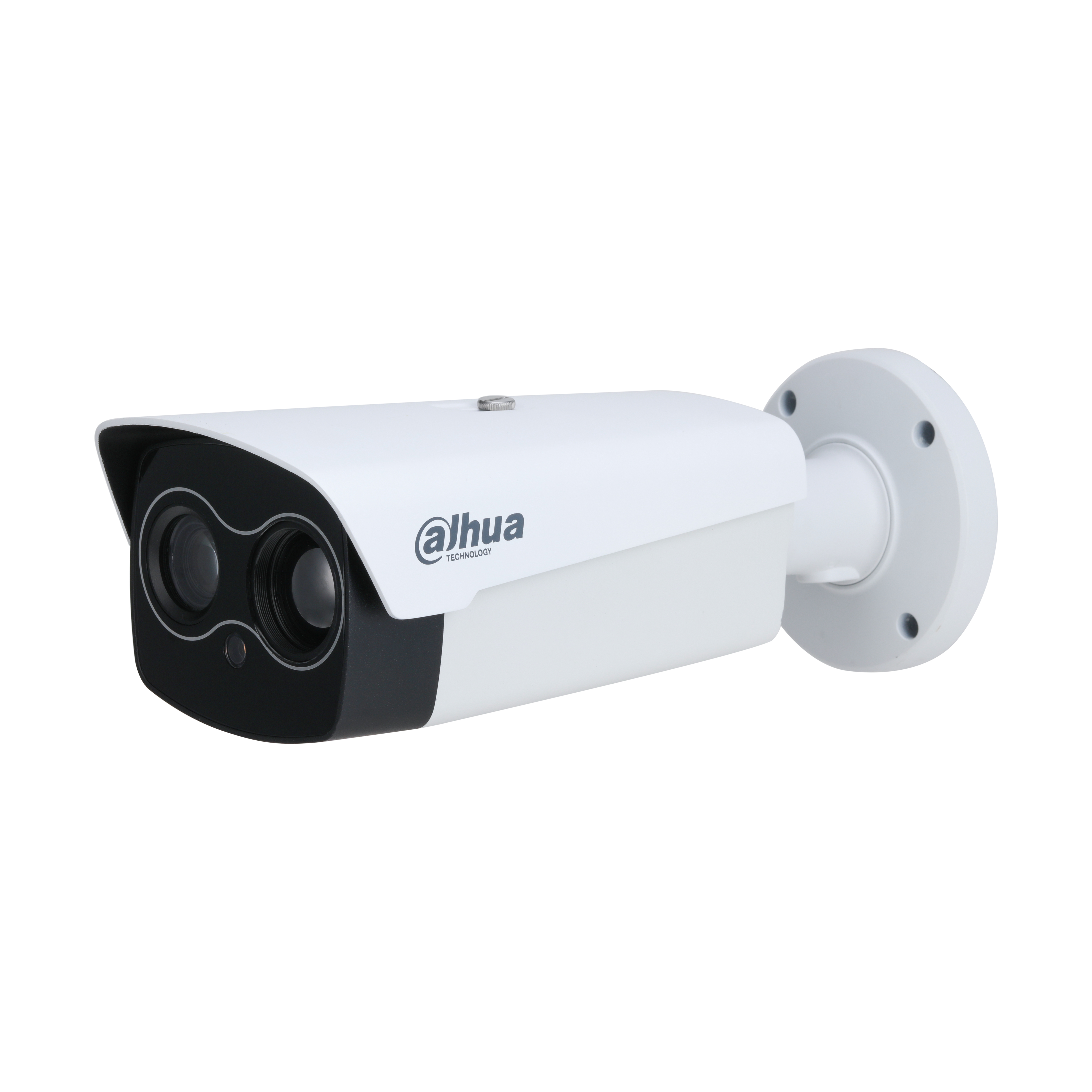 Telecamera di sicurezza bianca con lenti nere e base bianca. Su sfondo bianco.