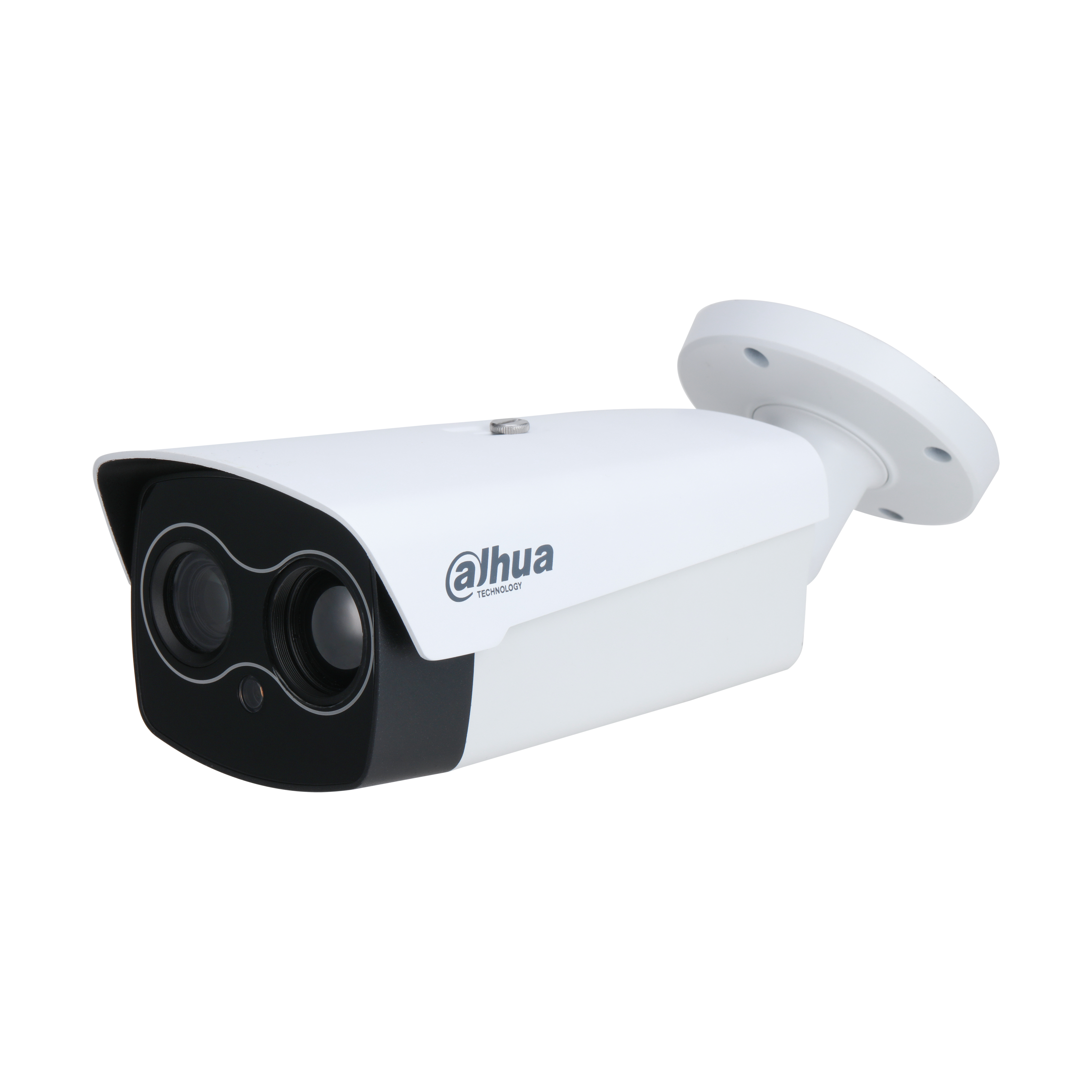 Telecamera di sicurezza Dahua bianca con area lenti nera, montata su staffa bianca.