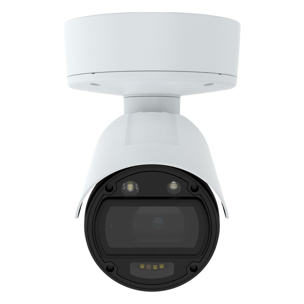 Witte beveiligingscamera, cilindrische behuizing met zwarte lens en witte plafondbevestiging.