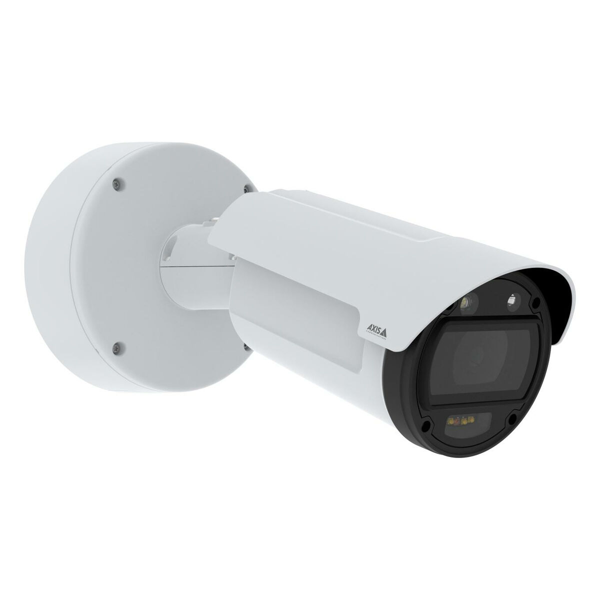 Witte beveiligingscamera, aan een muur bevestigd. Zwarte lens en behuizing.