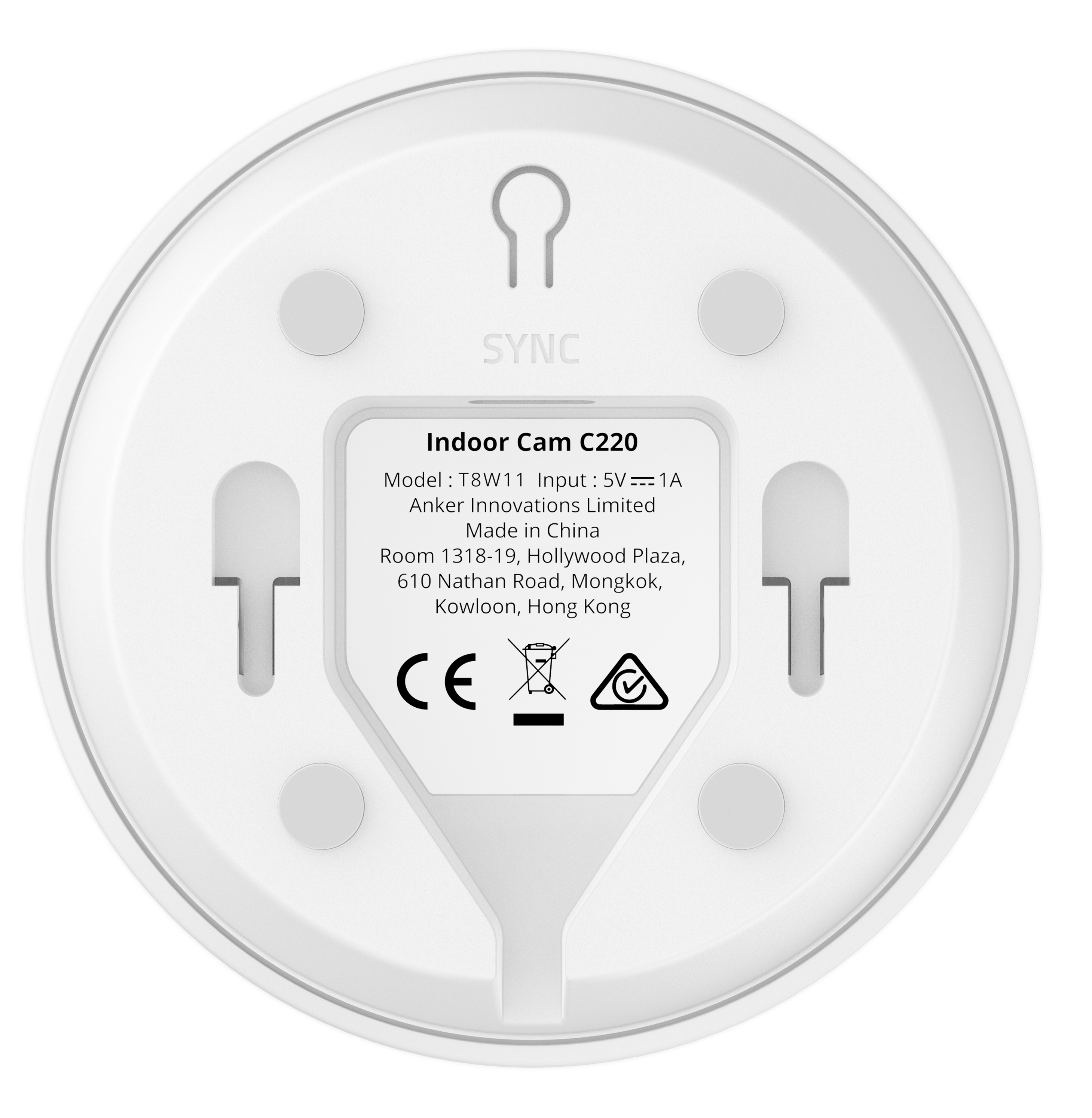 Tył białej kamery Indoor Cam C220. Zawiera tekst z modelem, wejściem i adresem, ze symbolami montażu i CE.