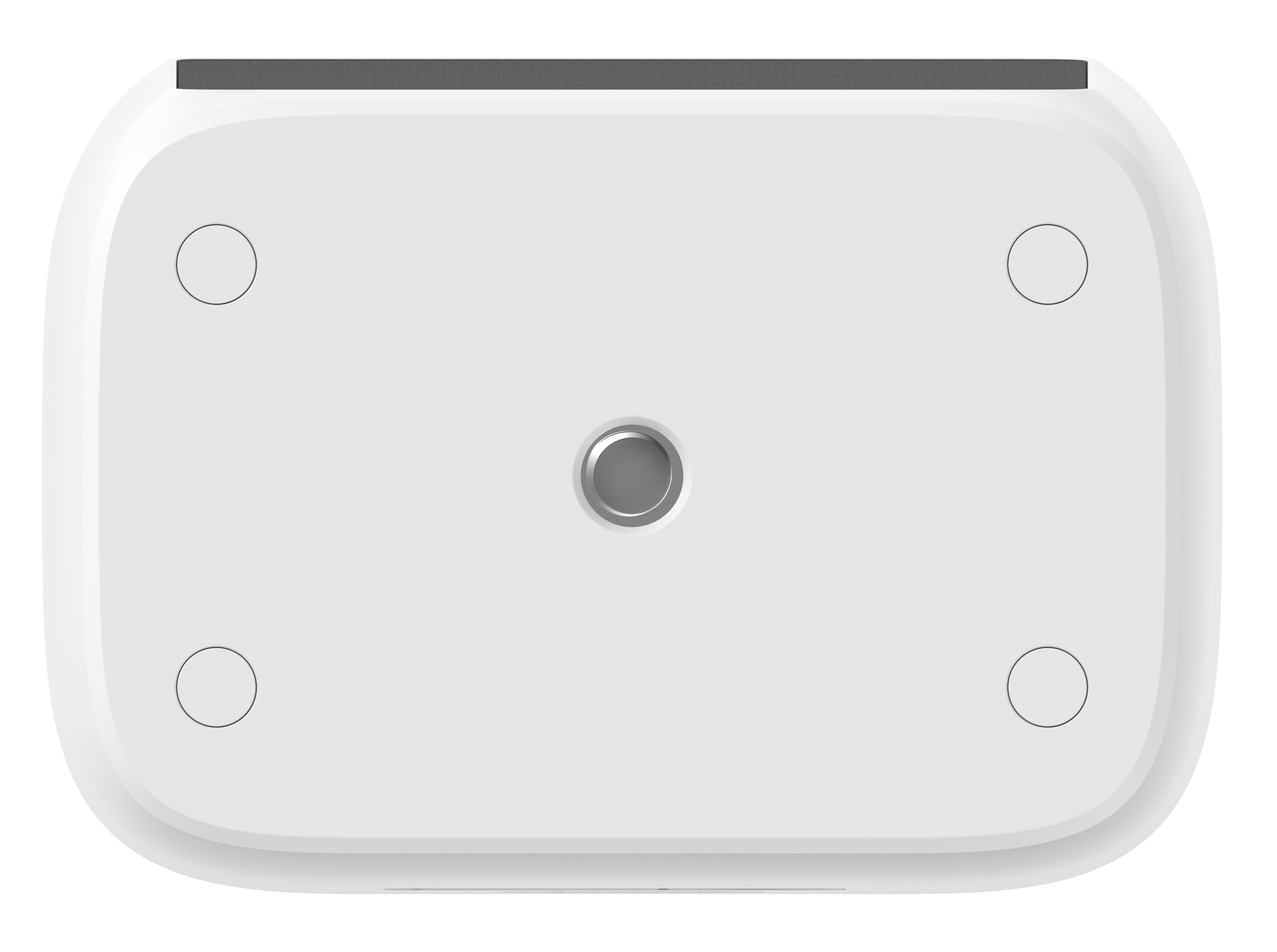 Spód białego urządzenia. Cztery okręgi w rogach, jeden pośrodku. Białe tło.