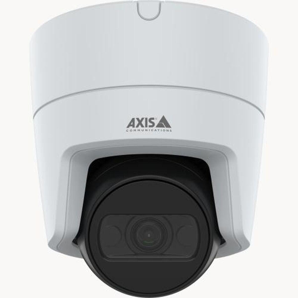Biała i czarna kamera bezpieczeństwa. Kamera ma słowo AXIS. Widoczny czarny obiektyw.