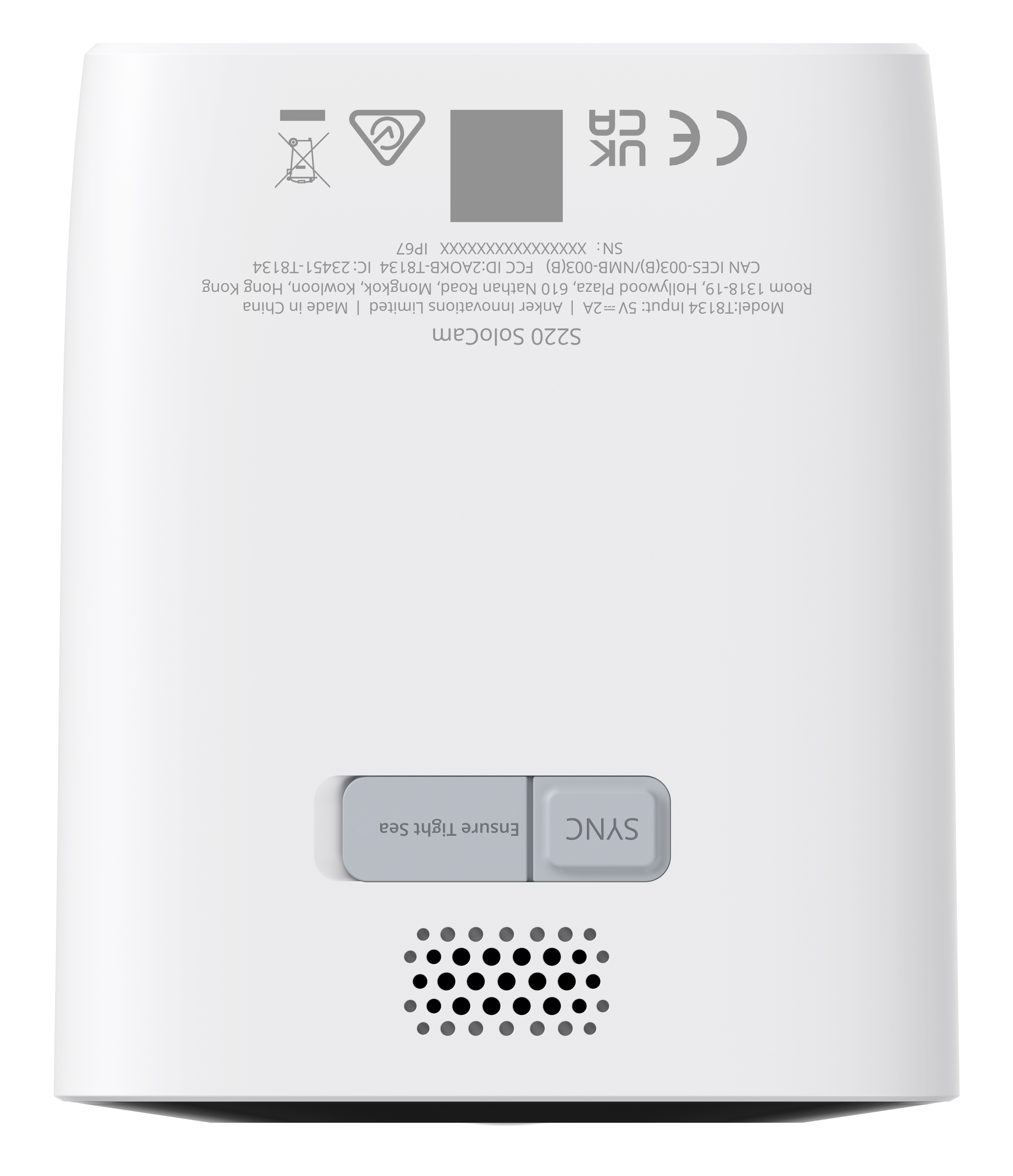 Spód białego urządzenia z przyciskiem synchronizacji, tekstem o produkcie i etykietami.