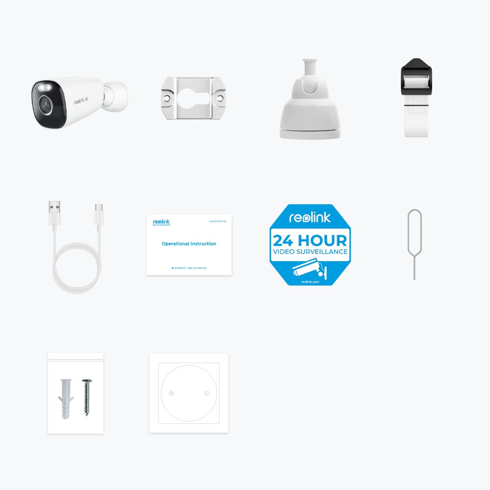 Biała kamera bezpieczeństwa, płyta montażowa, białe światło i inne akcesoria na białym tle.