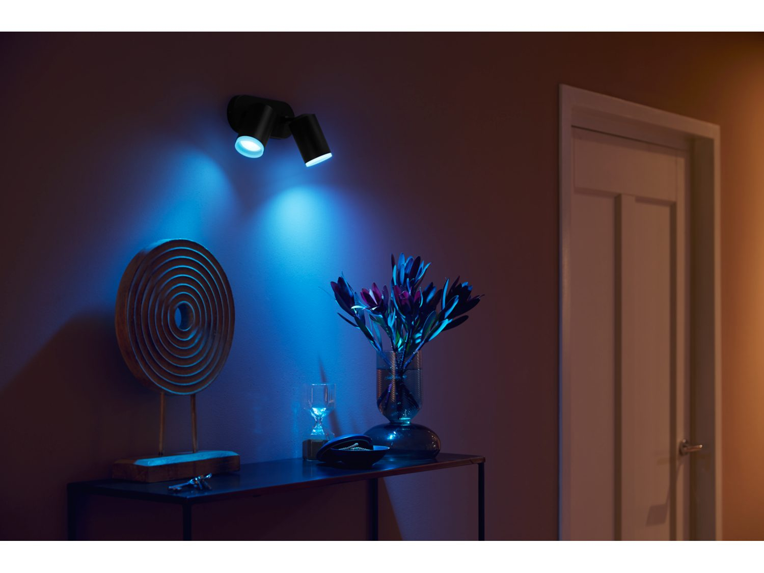 Zwarte spots op een muur, die blauw licht schijnen op een vaas met bloemen en kunst.