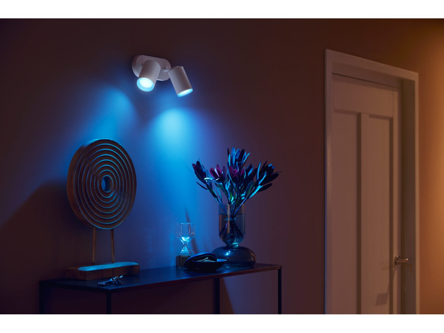 Muur met spotlights. Een vaas met bloemen, houten decoratie en een deur rechts.