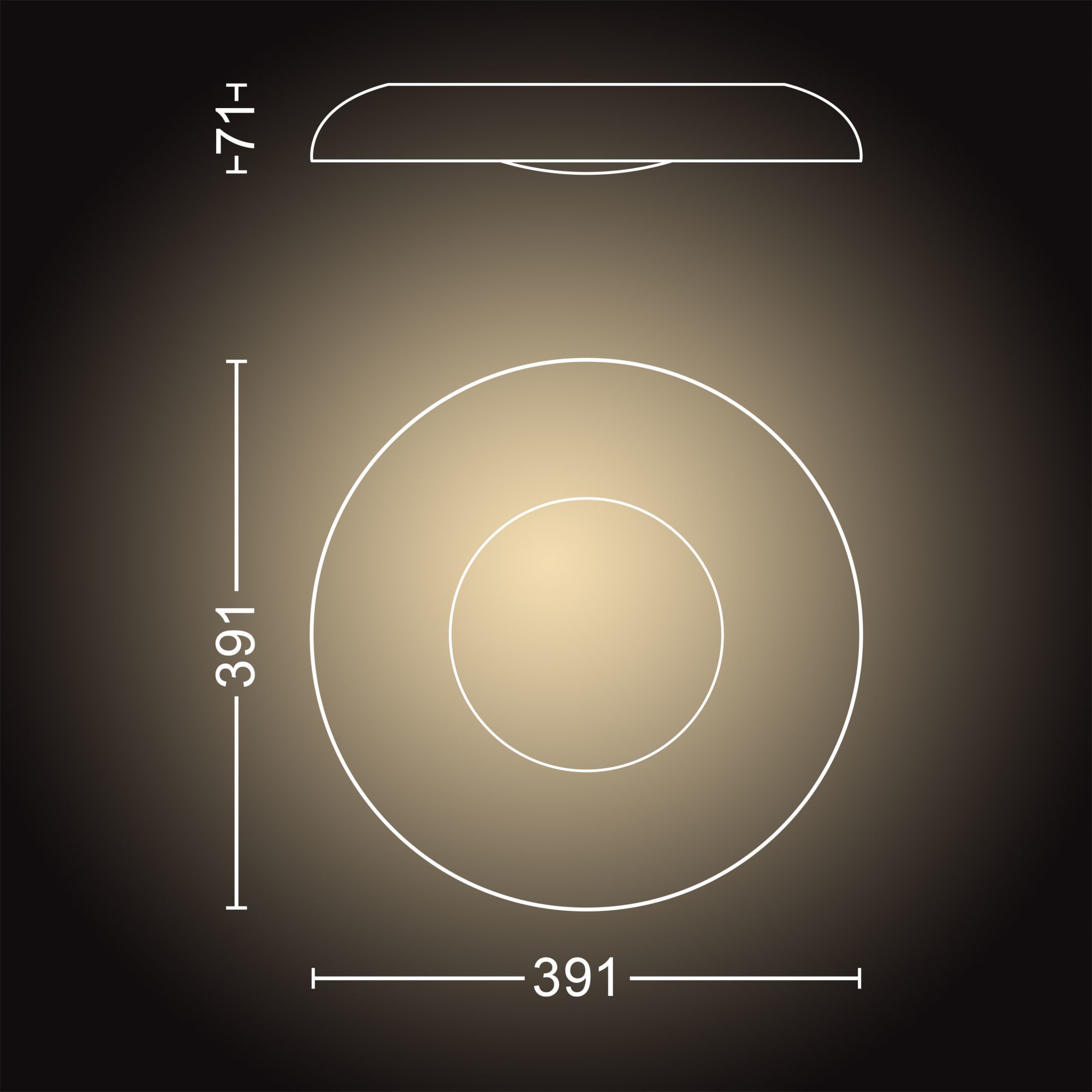 Luminaire circulaire avec mesures. Design circulaire avec un cercle intérieur plus petit.