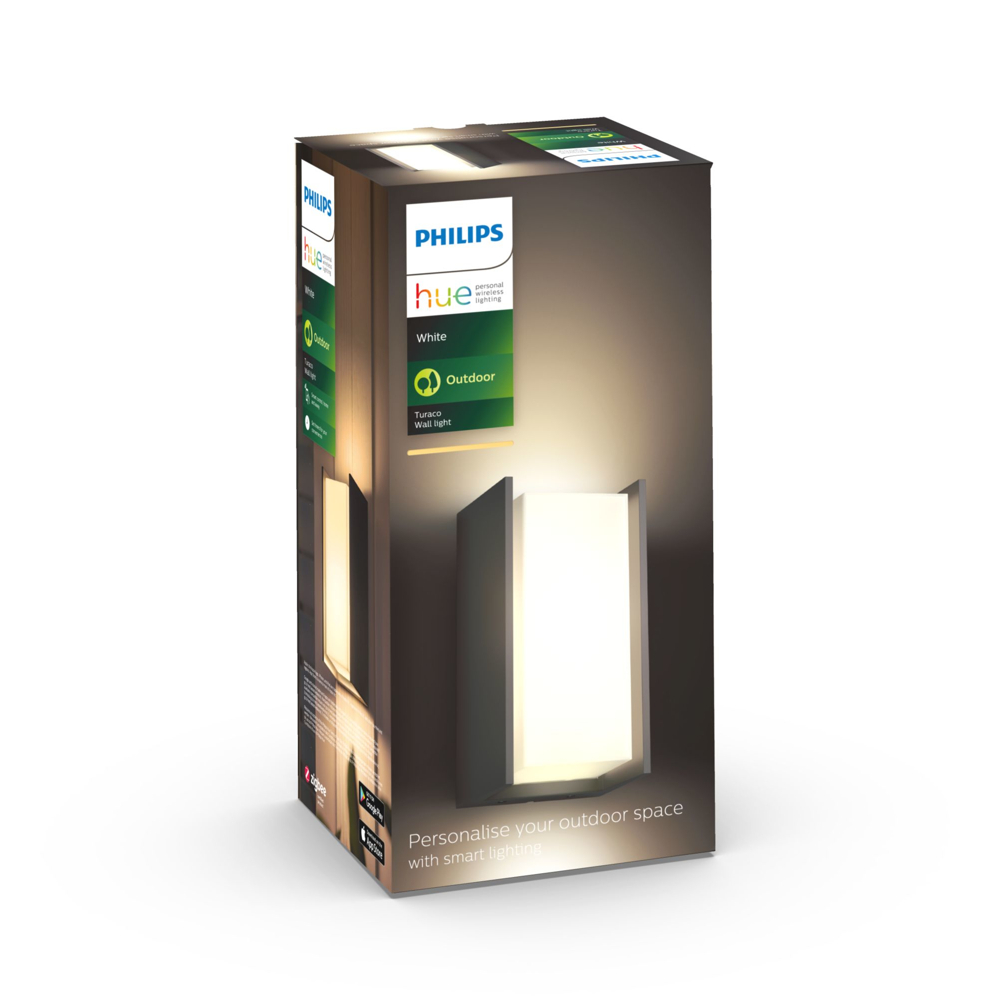 Pudełko z oświetleniem ściennym zewnętrznym Philips Hue z widokiem na światło.