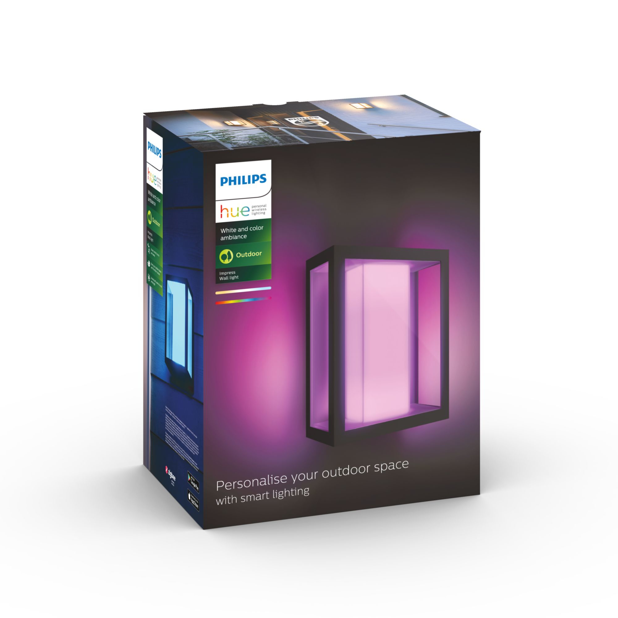 Boîte d'éclairage intelligent extérieur Philips Hue avec affichage de lumière violette.