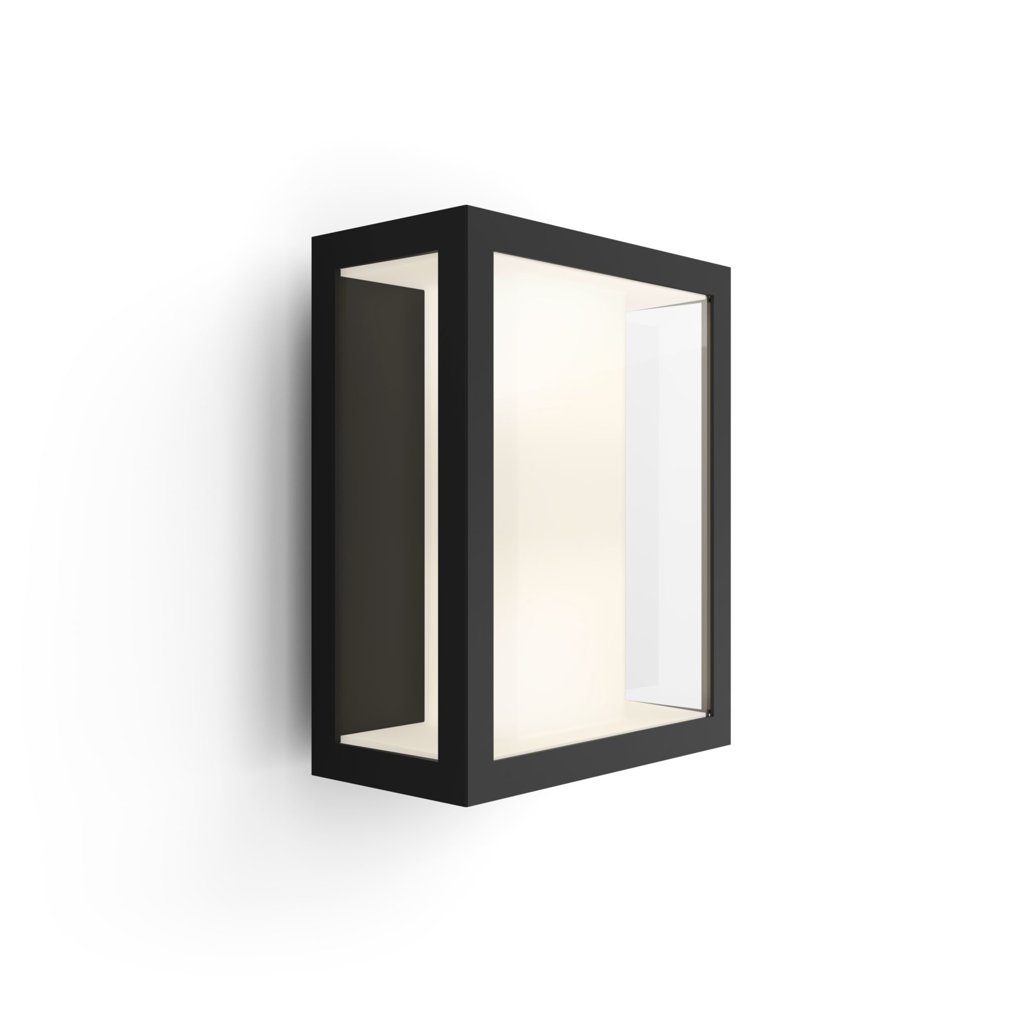 Une lampe d'extérieur rectangulaire noire. Elle a une lumière blanche à l'intérieur.