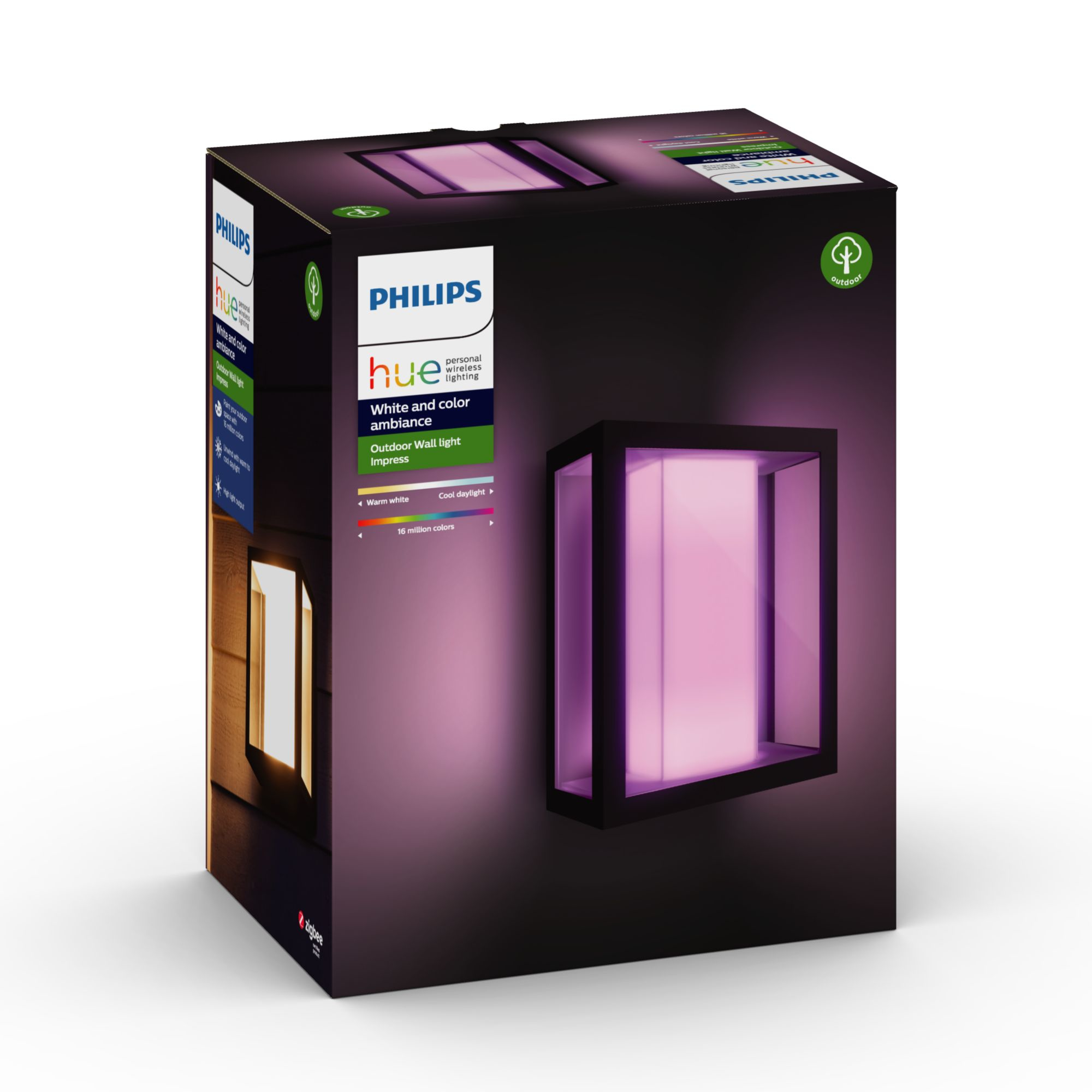 Une boîte lumineuse Philips Hue. Elle est noire avec un rectangle coloré sur le devant.