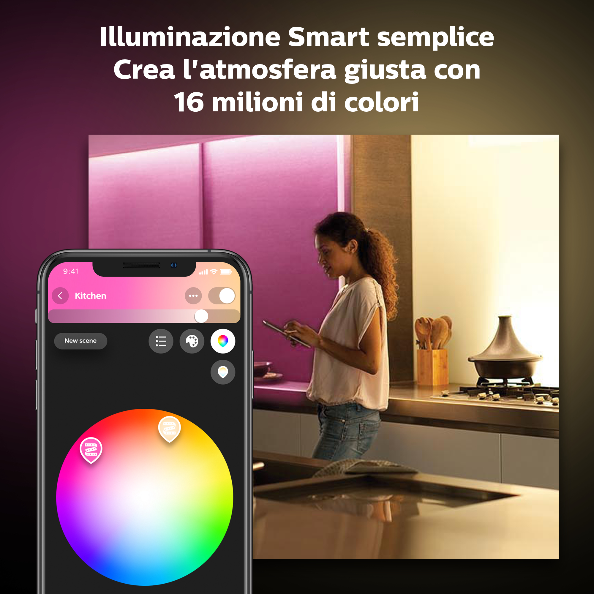 Kobieta używająca telefonu z aplikacją smart home. Scena w kuchni. Tekst po włosku.