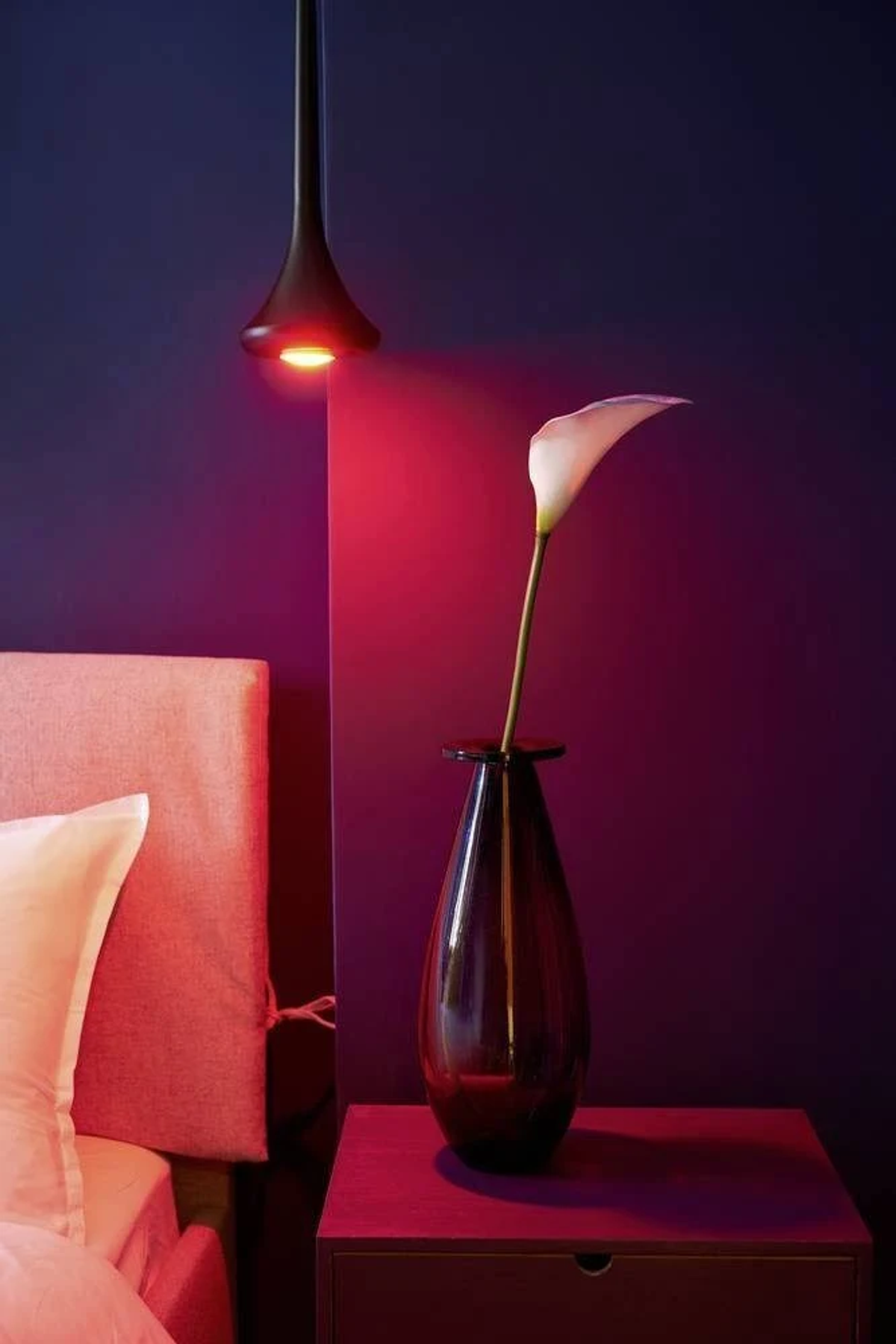 Scena di camera da letto con letto rosso, vaso con fiore bianco e lampada a sospensione.