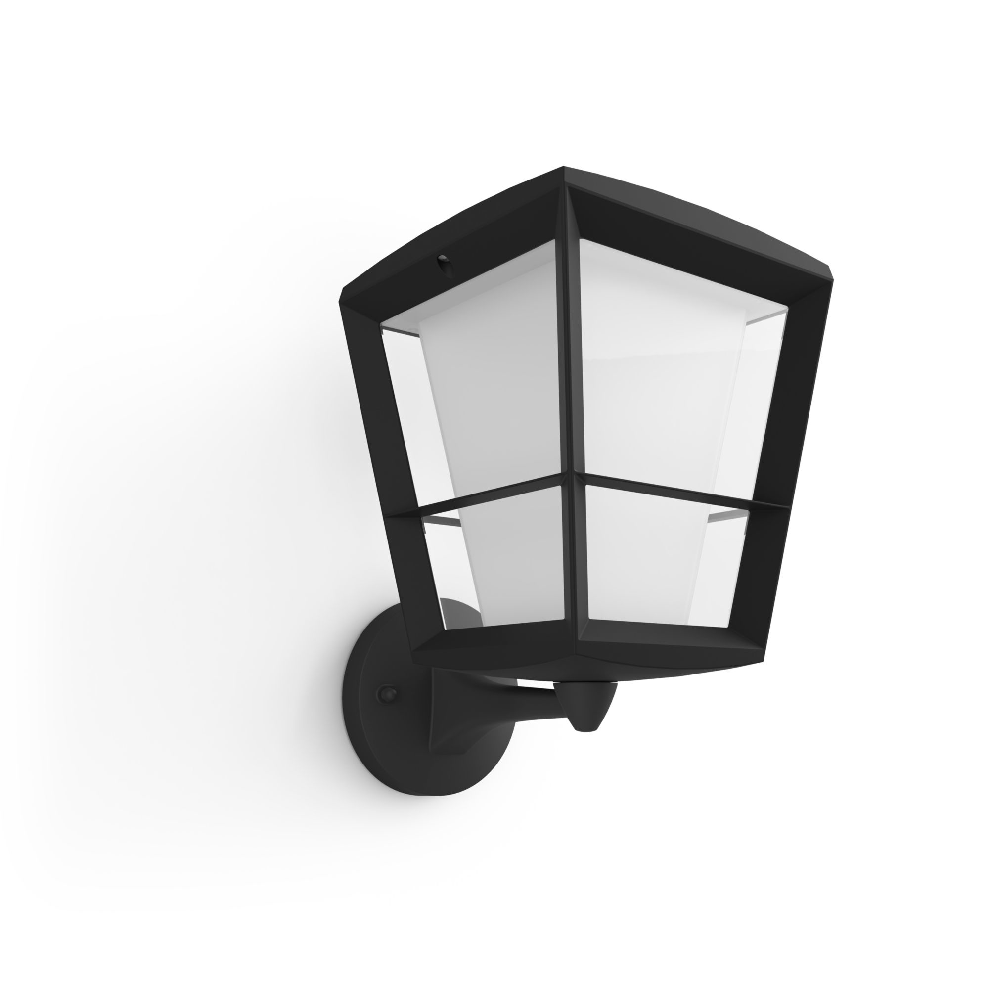 Une applique murale extérieure noire avec une lumière intérieure blanche et un mur.