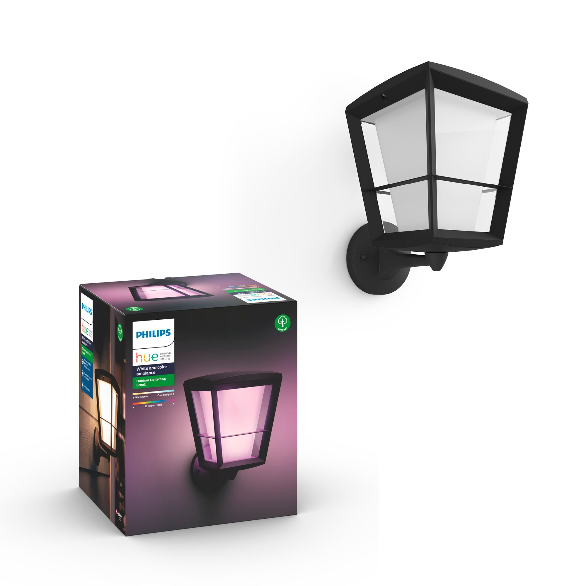 Lampe d'extérieur Philips Hue noire avec une boîte. La boîte montre une lumière rose brillante de la lampe.