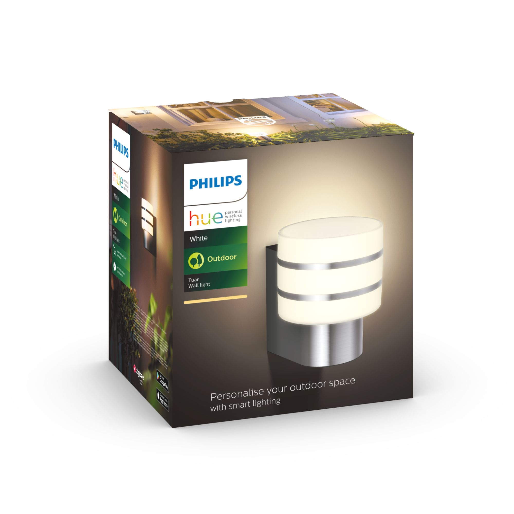 Zewnętrzna lampa ścienna Philips Hue w pudełku, pokazująca produkt i jego funkcje.