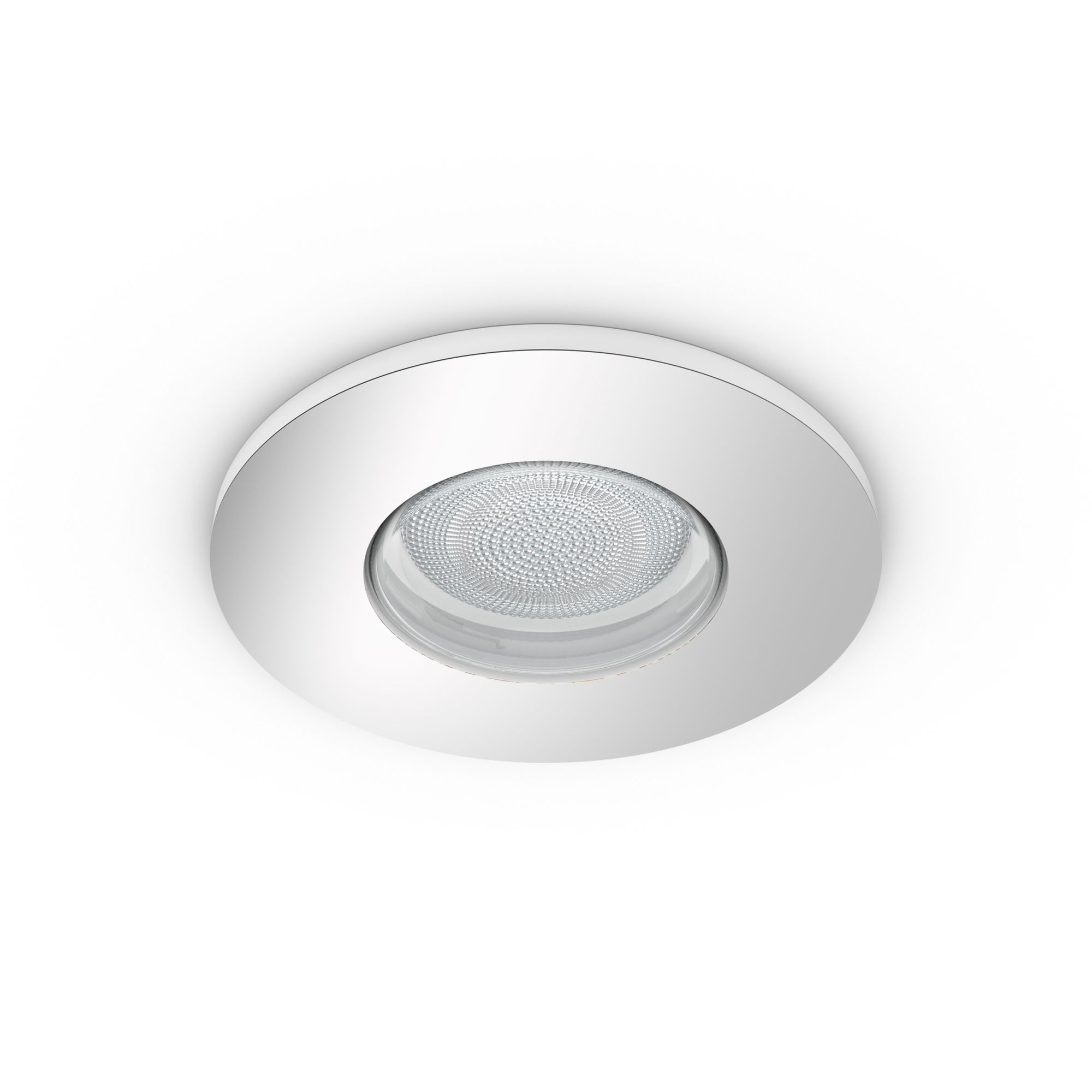 Lampada da soffitto a incasso bianca. Design circolare con centro strutturato. Sfondo bianco.