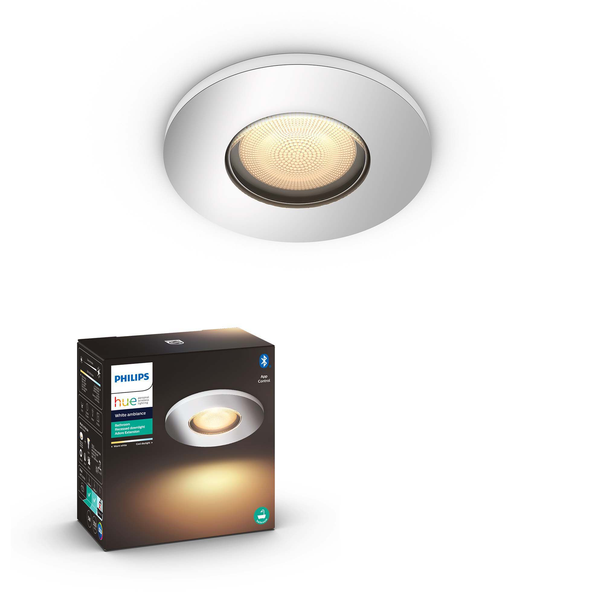 Un apparecchio di illuminazione a incasso bianco e una scatola del prodotto.