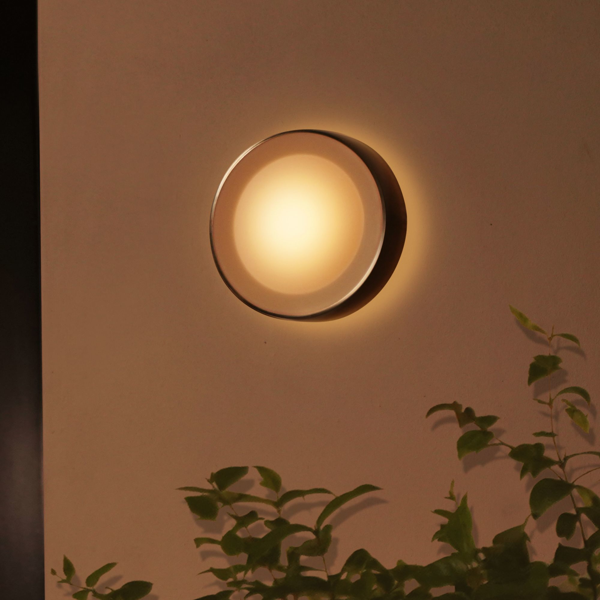 Ronde buitenmuurverlichting die warm licht uitstraalt, met een donkere ring en groen gebladerte eronder.