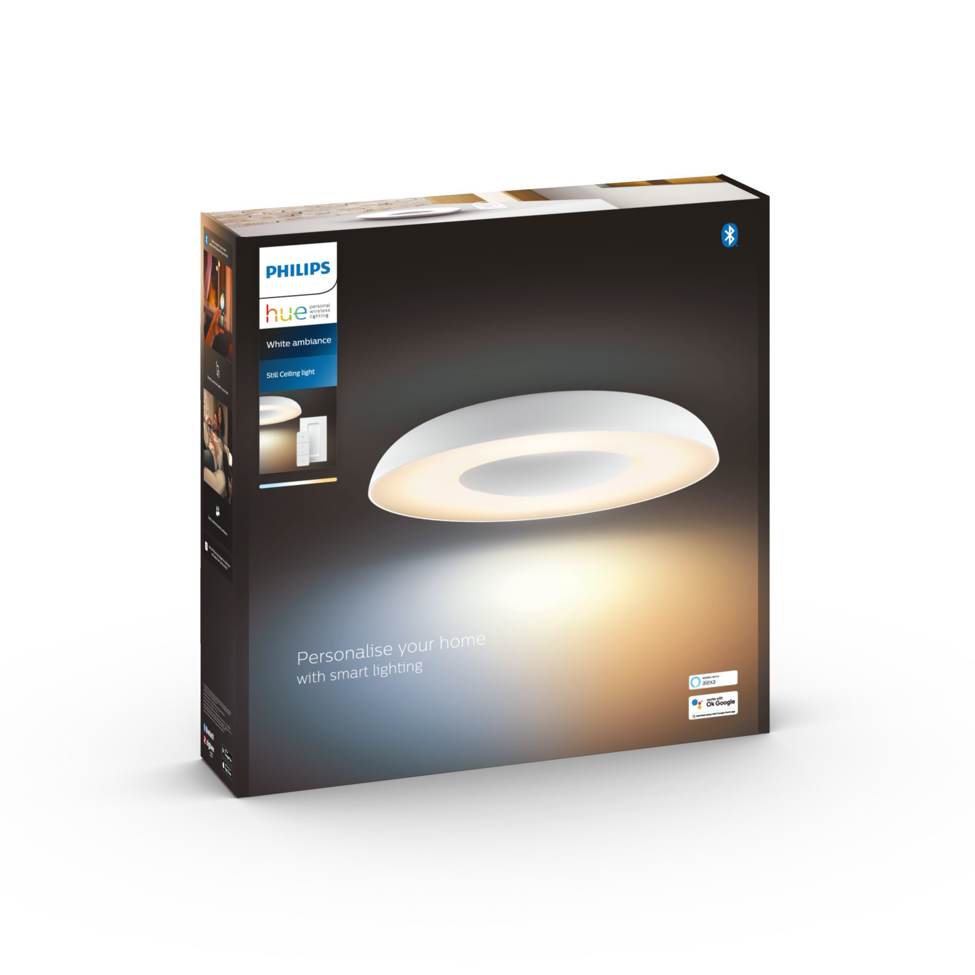 Une boîte de plafonnier Philips Hue. La boîte est blanche et présente le produit et la marque.