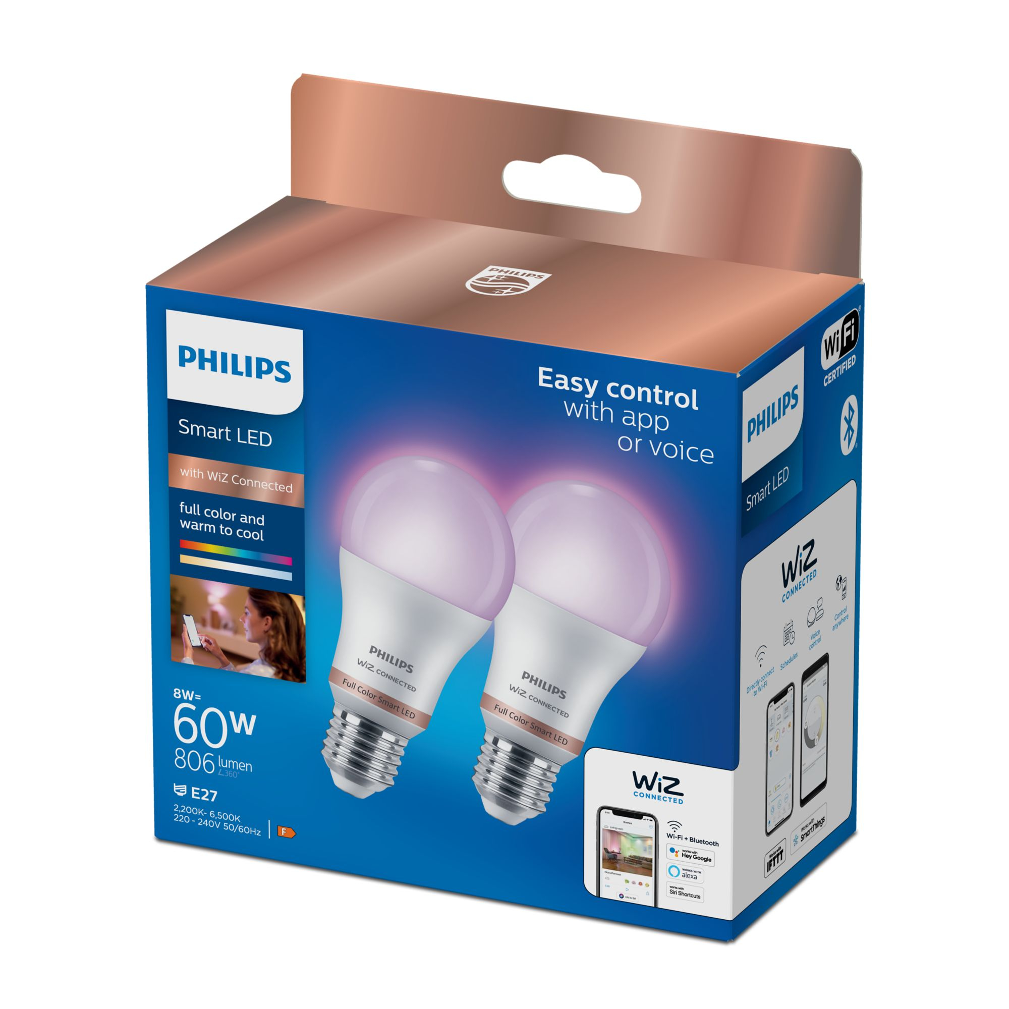 Verpackung mit zwei Philips Smart LED-Glühbirnen, pink und weiß.