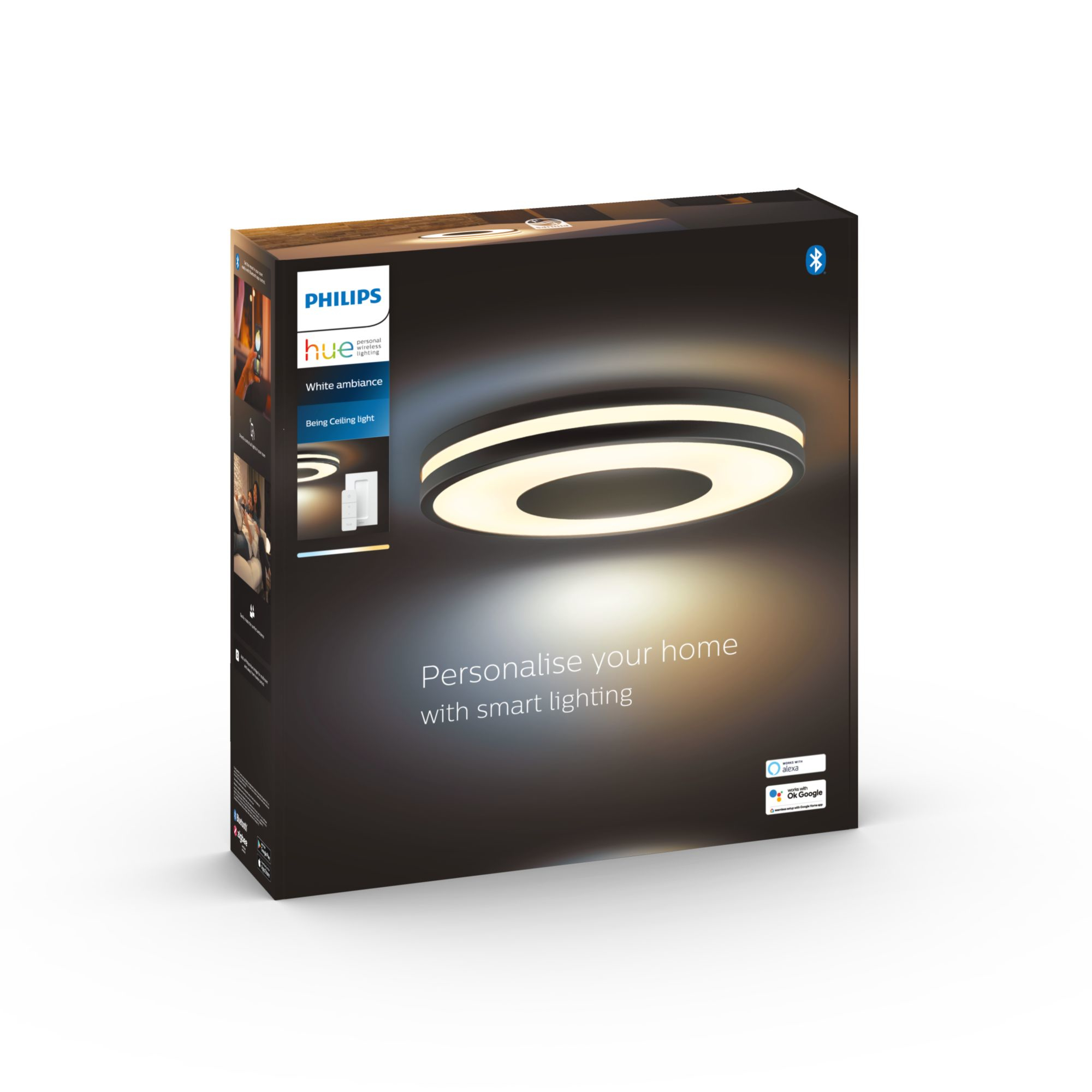 Boîte d'un plafonnier Philips Hue. La boîte contient une image de la lumière et le logo de la marque.