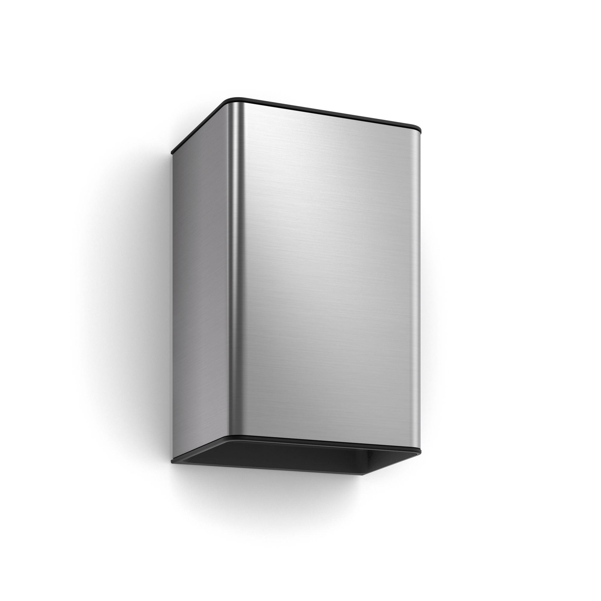 Poubelle rectangulaire argentée sur fond blanc avec bordure noire.