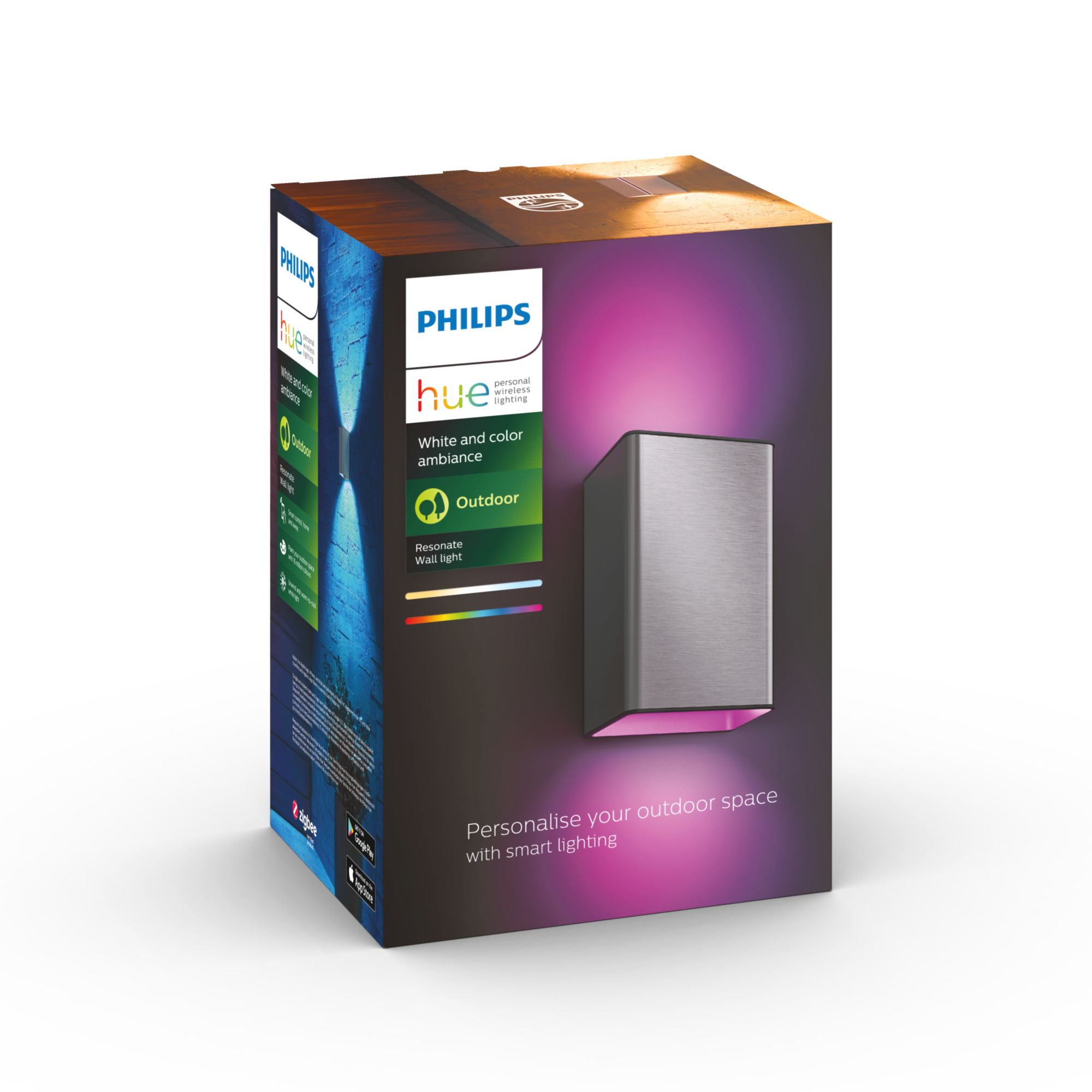 Boîte Philips Hue. Contient une applique murale extérieure grise avec lumière violette.