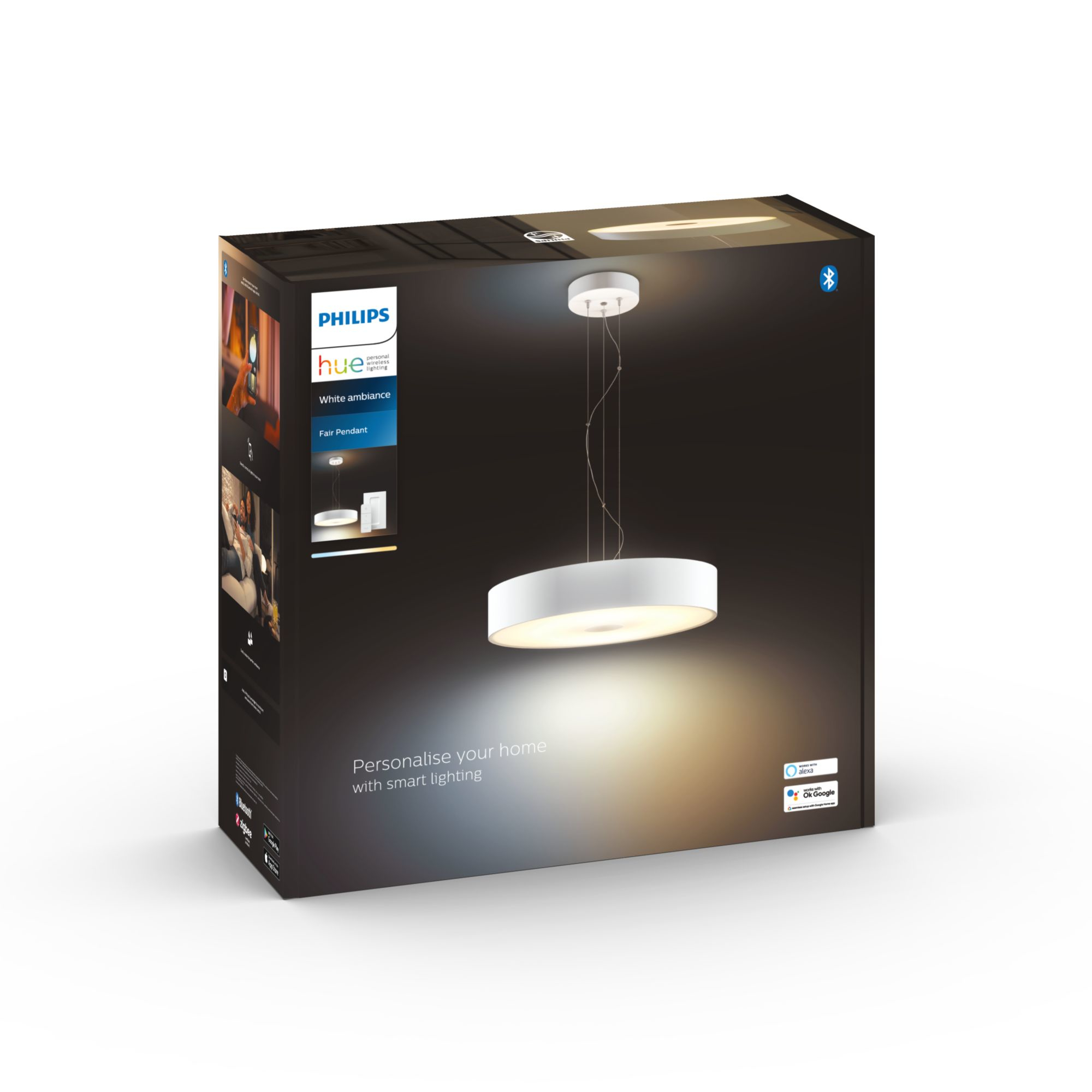Boîte Philips Hue avec une image de suspension, présentant un luminaire blanc circulaire.