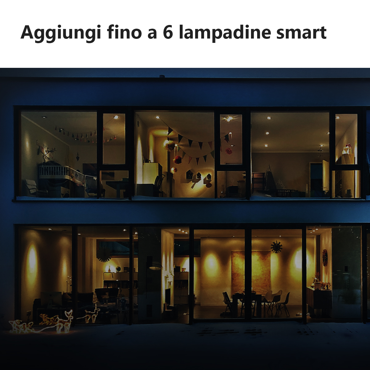 Wieczorny widok domu, oświetlone pokoje, włączone światła, girlanda, śnieg. Tekst.