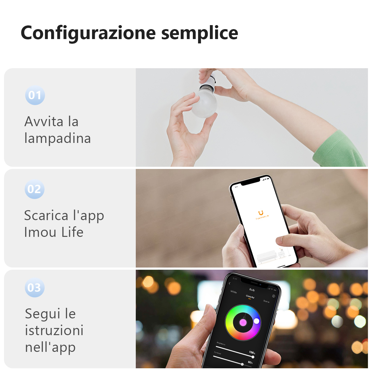 Prosty przewodnik konfiguracji dla inteligentnej żarówki, pokazujący jak wkręcić żarówkę, pobrać aplikację i skonfigurować ją.