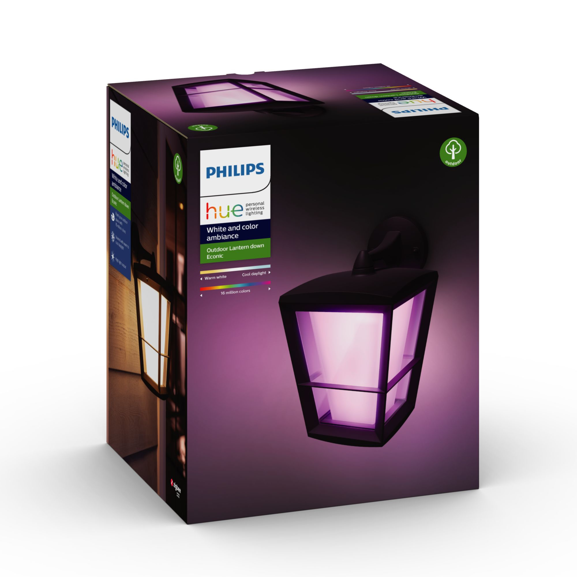 Pudełko z zewnętrzną latarnią Philips Hue. Latarnia ma fioletową poświatę.