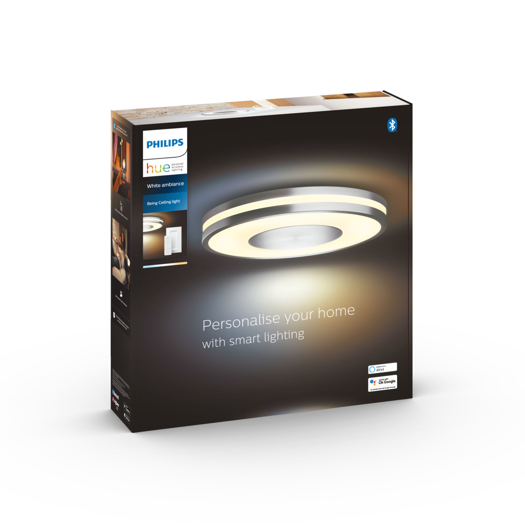 Philips Hue Smart-Deckenleuchte in einer Box. Sie ist kreisförmig mit weißen und silbernen Akzenten.