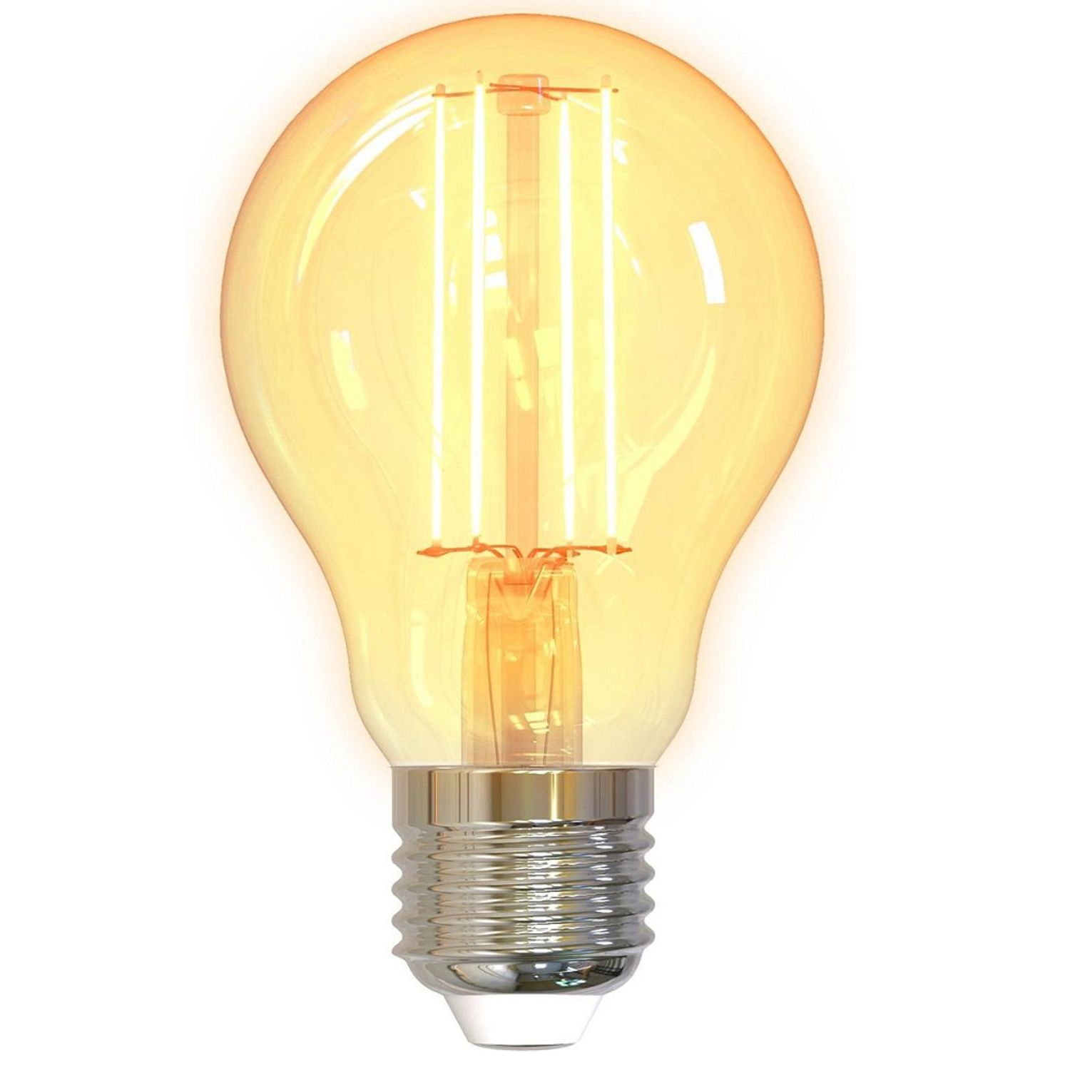 Una lampadina gialla con filamenti visibili. La lampadina è su sfondo bianco.