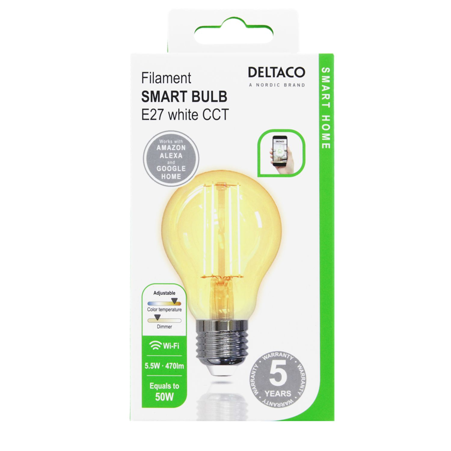 Lampadina intelligente Deltaco nella confezione. Lampadina gialla con filamento a vista. Marchio Smart Home.