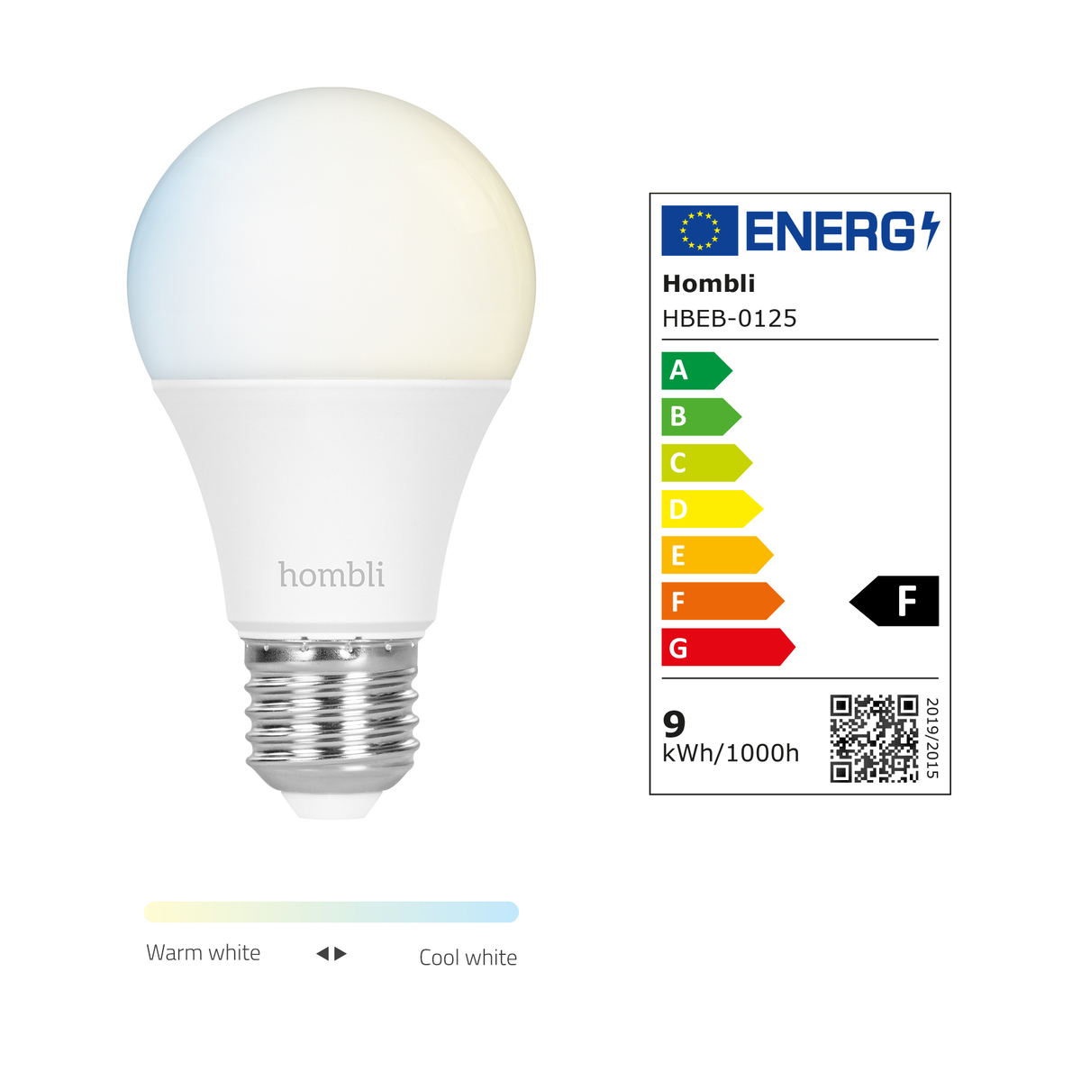 Biała żarówka Homli z etykietą energetyczną. Etykieta wskazuje klasę efektywności energetycznej F i 9 kWh/1000h.