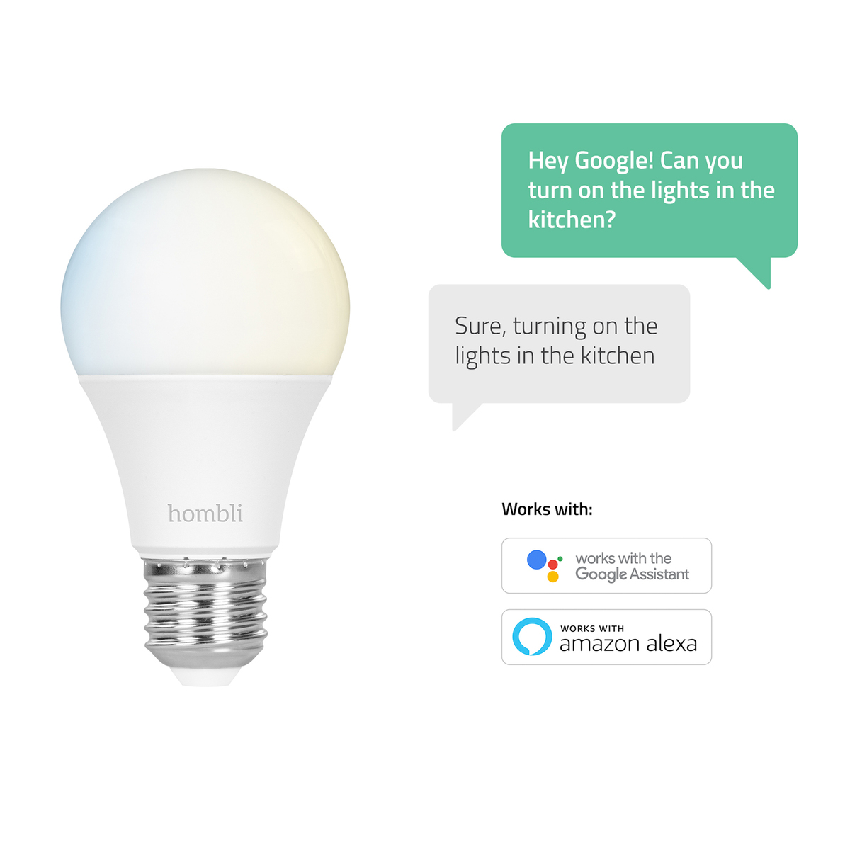 Biała inteligentna żarówka z marką 'hombli', z dymkami i logo Google Assistant/Alexa.